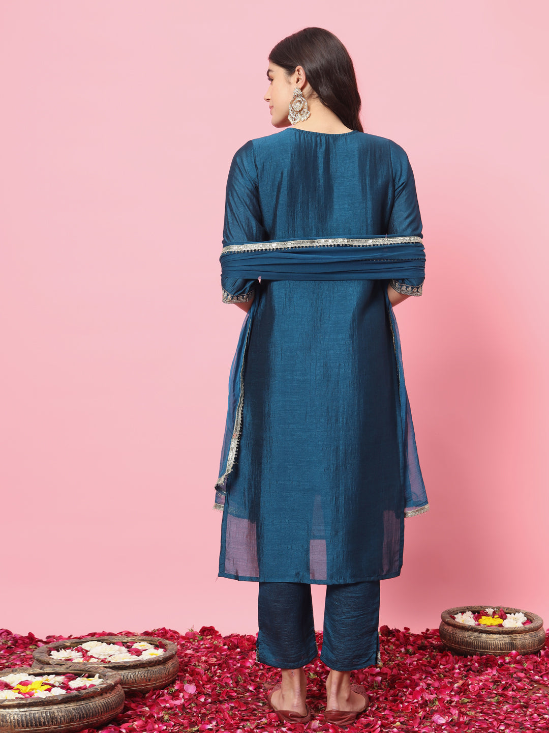 Teal Silk Embroidered Straight Kurta with Trouser & Dupatta