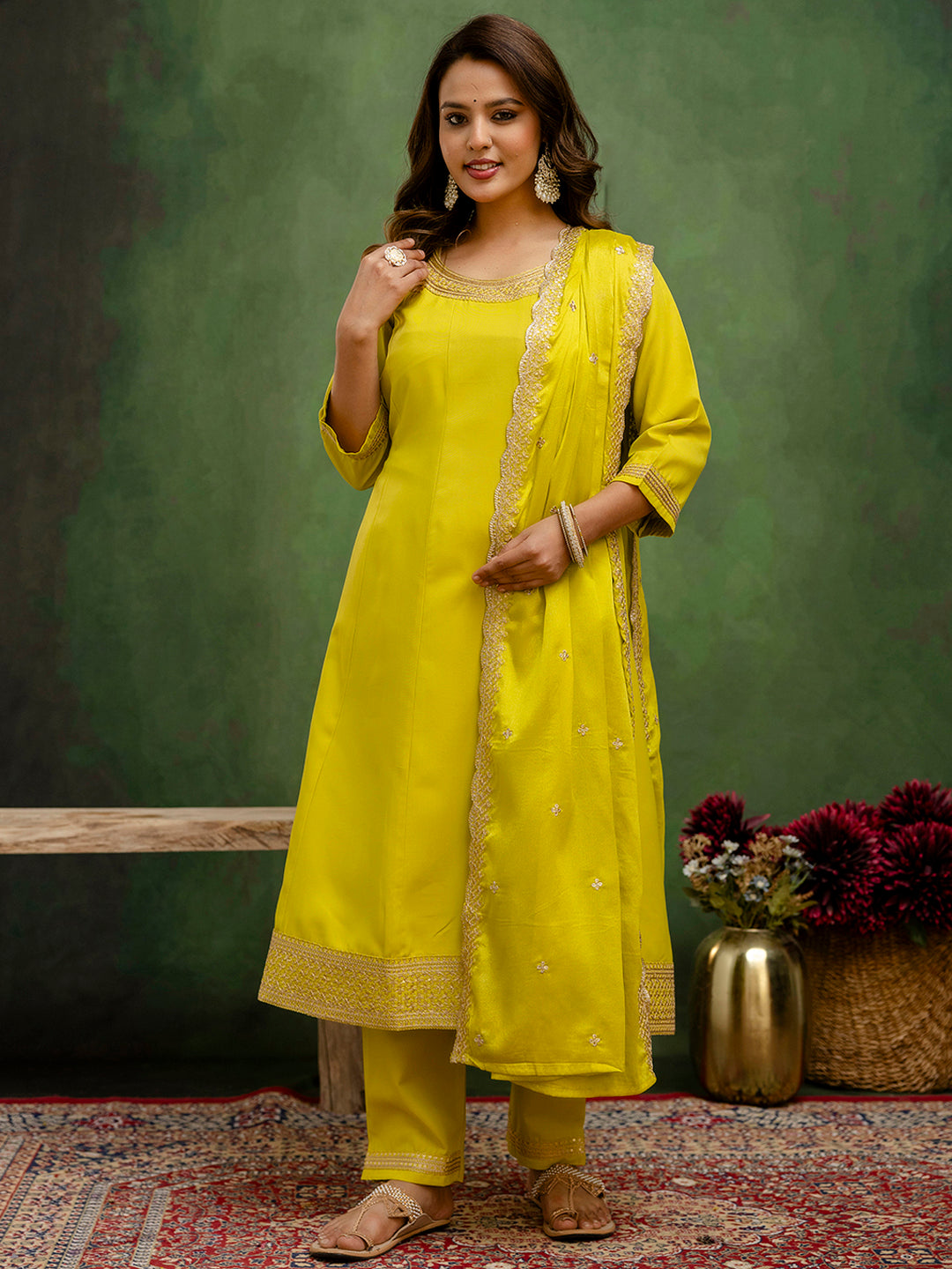 Women Anarkali Kurta and Pant Dupatta Sets Viscose Rayon Fabrics with Embroidery