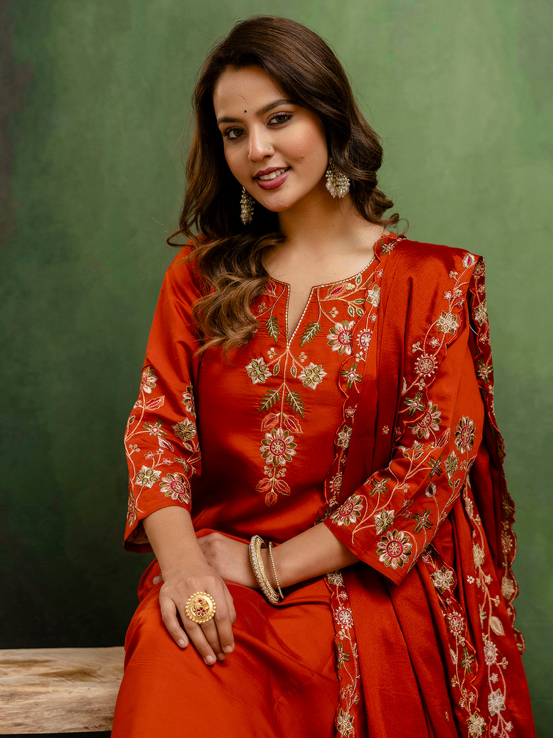 Rust Floral Embroidered Thread Work A-Line Kurta With Trousers & Dupatta