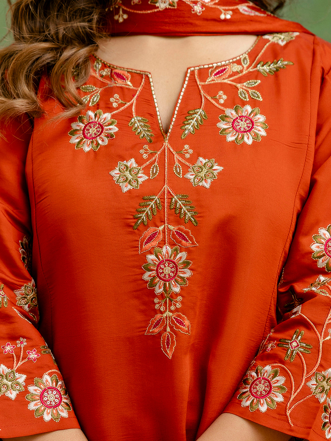 Rust Floral Embroidered Thread Work A-Line Kurta With Trousers & Dupatta