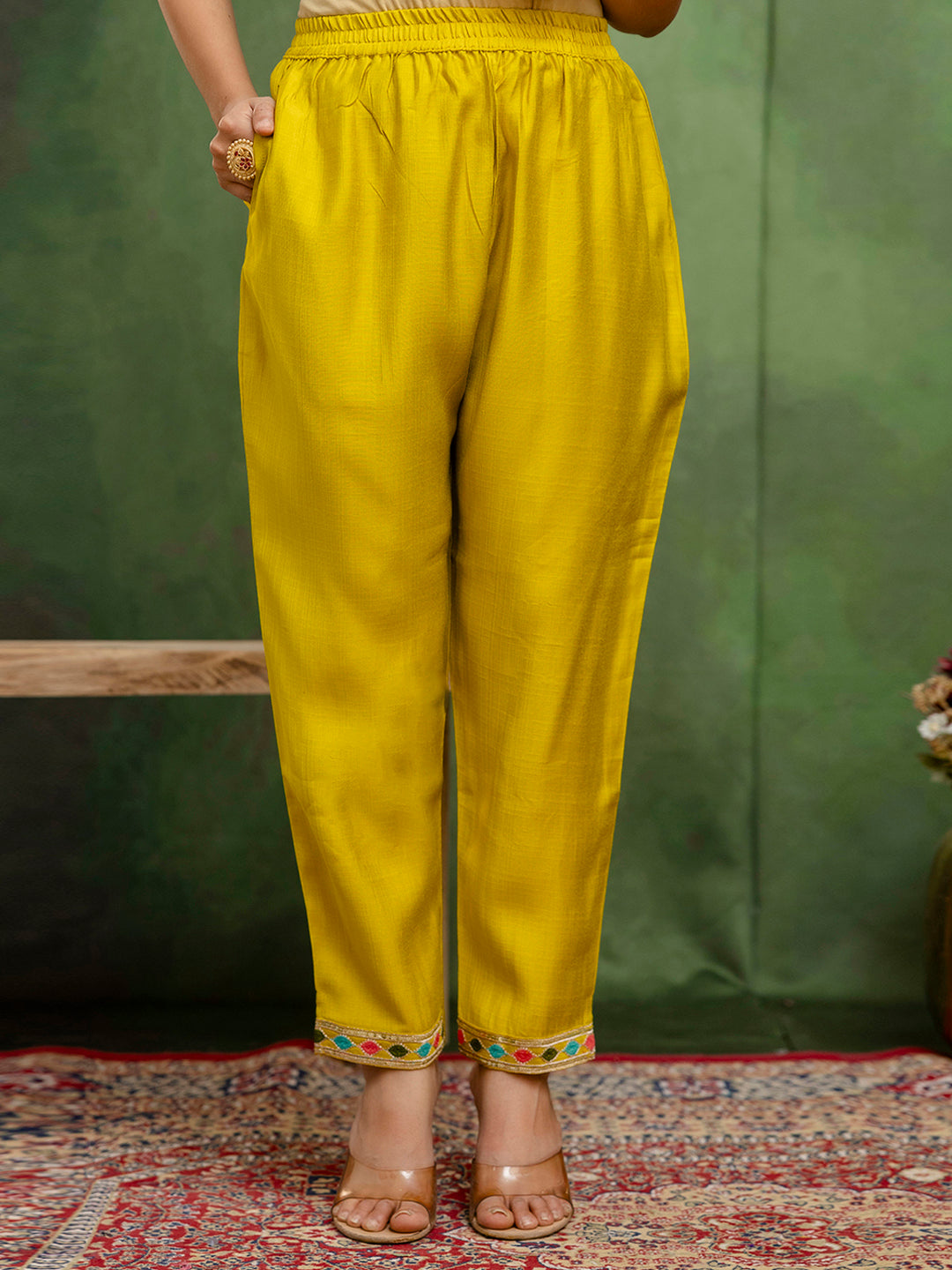Lemon Floral Embroidered Thread Work Kurta With Trouser & Dupatta
