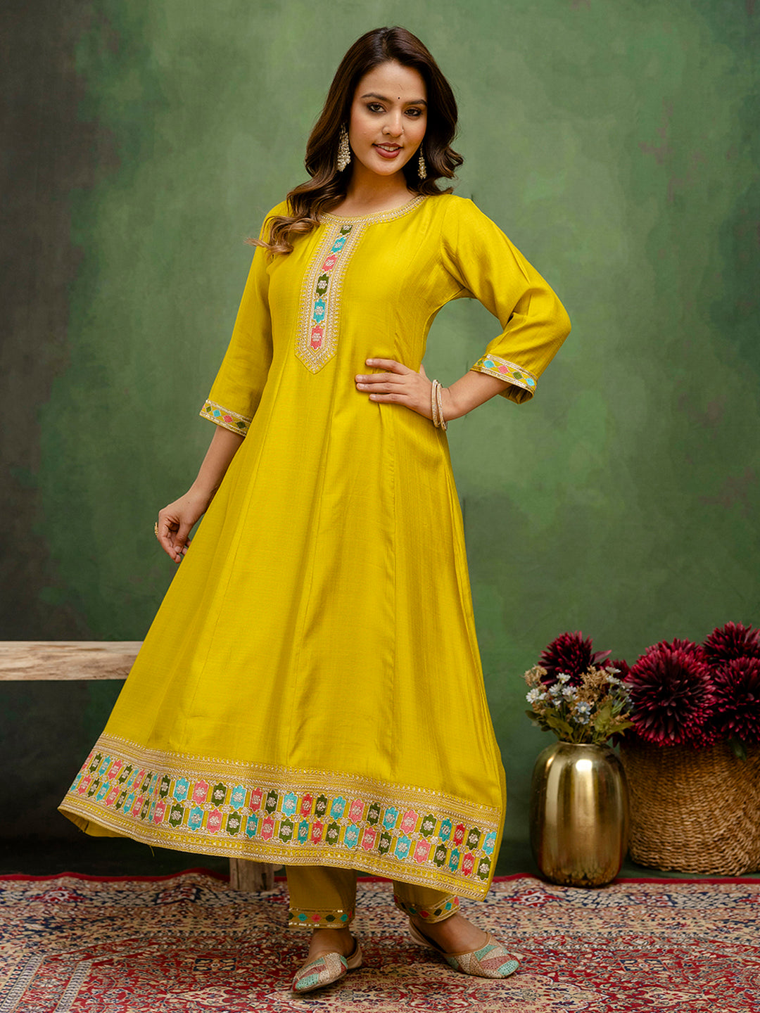 Lemon Floral Embroidered Thread Work Kurta With Trouser & Dupatta