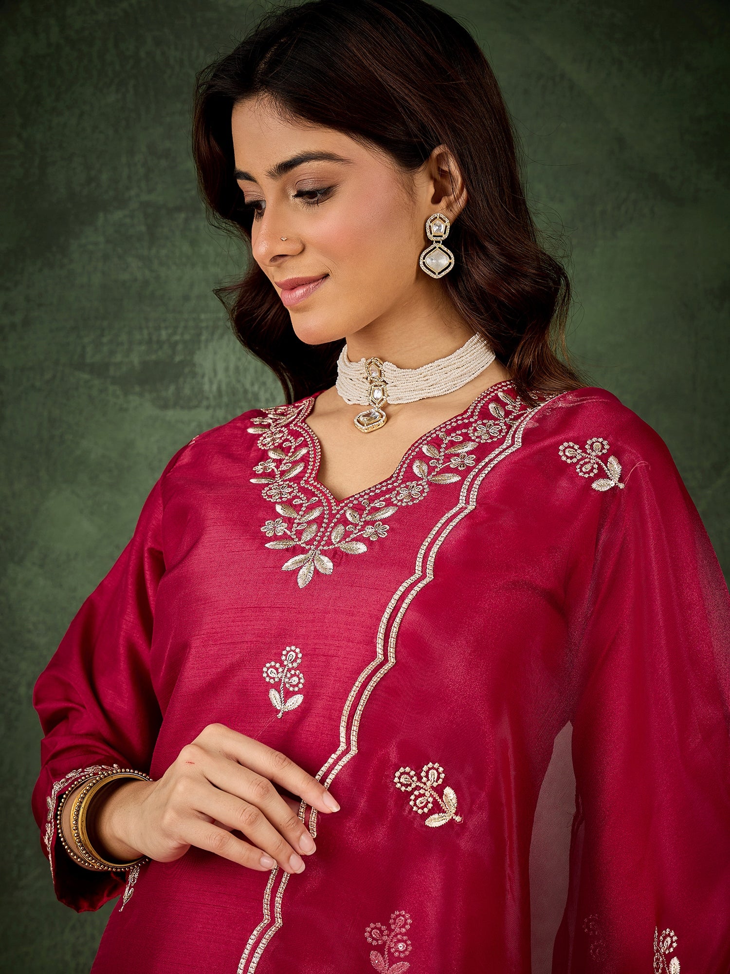 Women Floral Yoke Design Kurta with Trouser & Dupatta