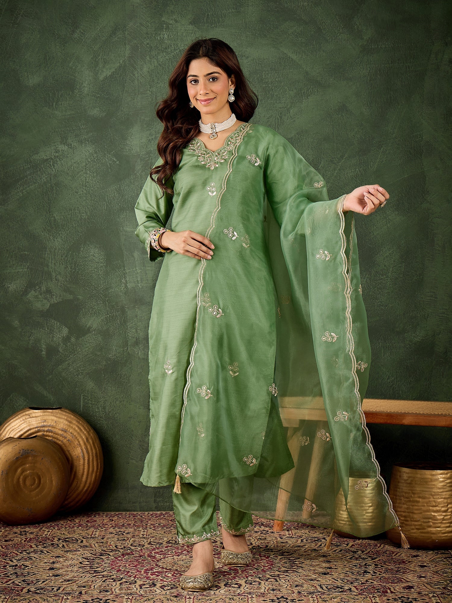 Women Floral Yoke Design Kurta with Trouser & Dupatta