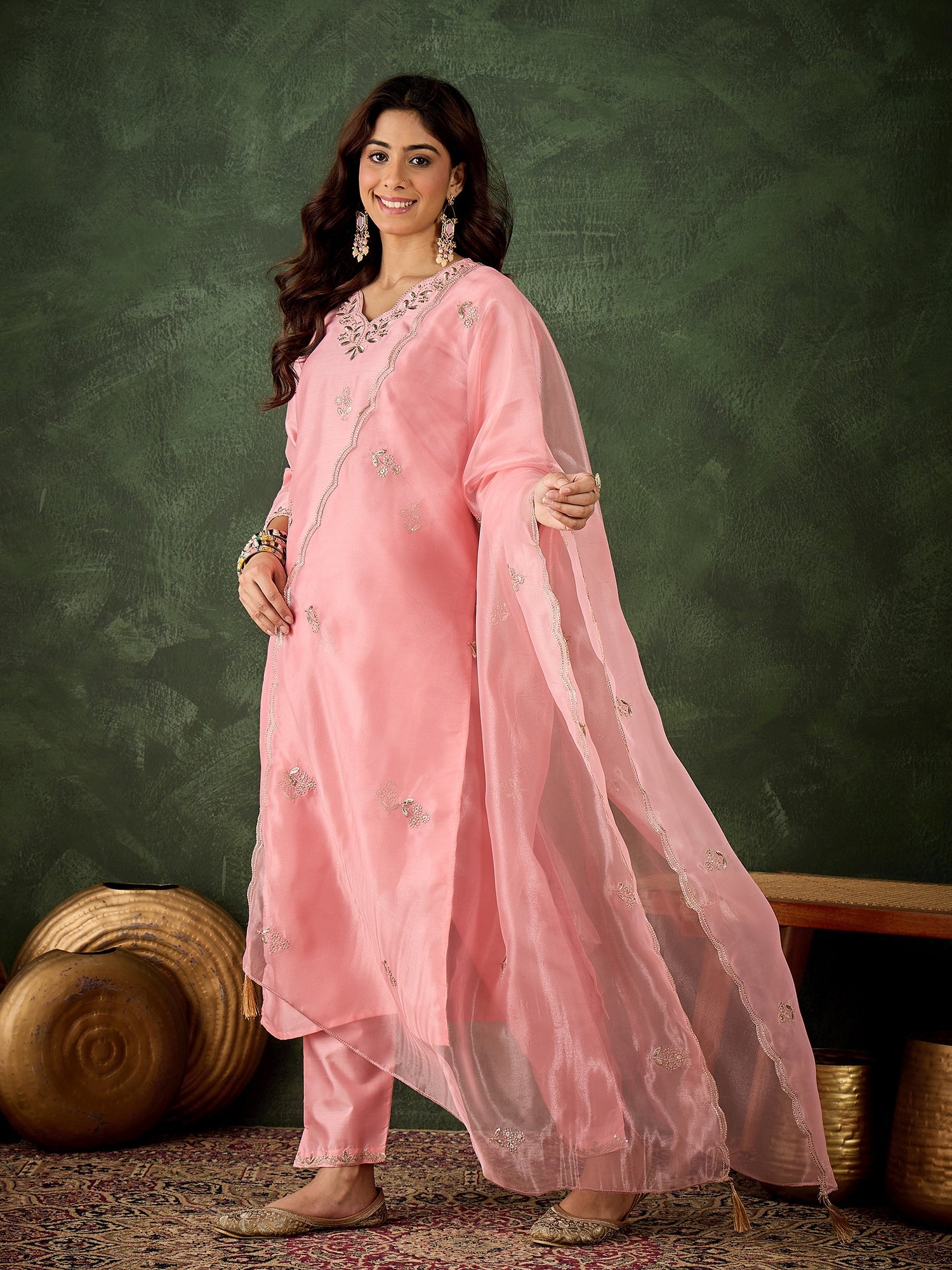 Women Floral Yoke Design Kurta with Trouser & Dupatta