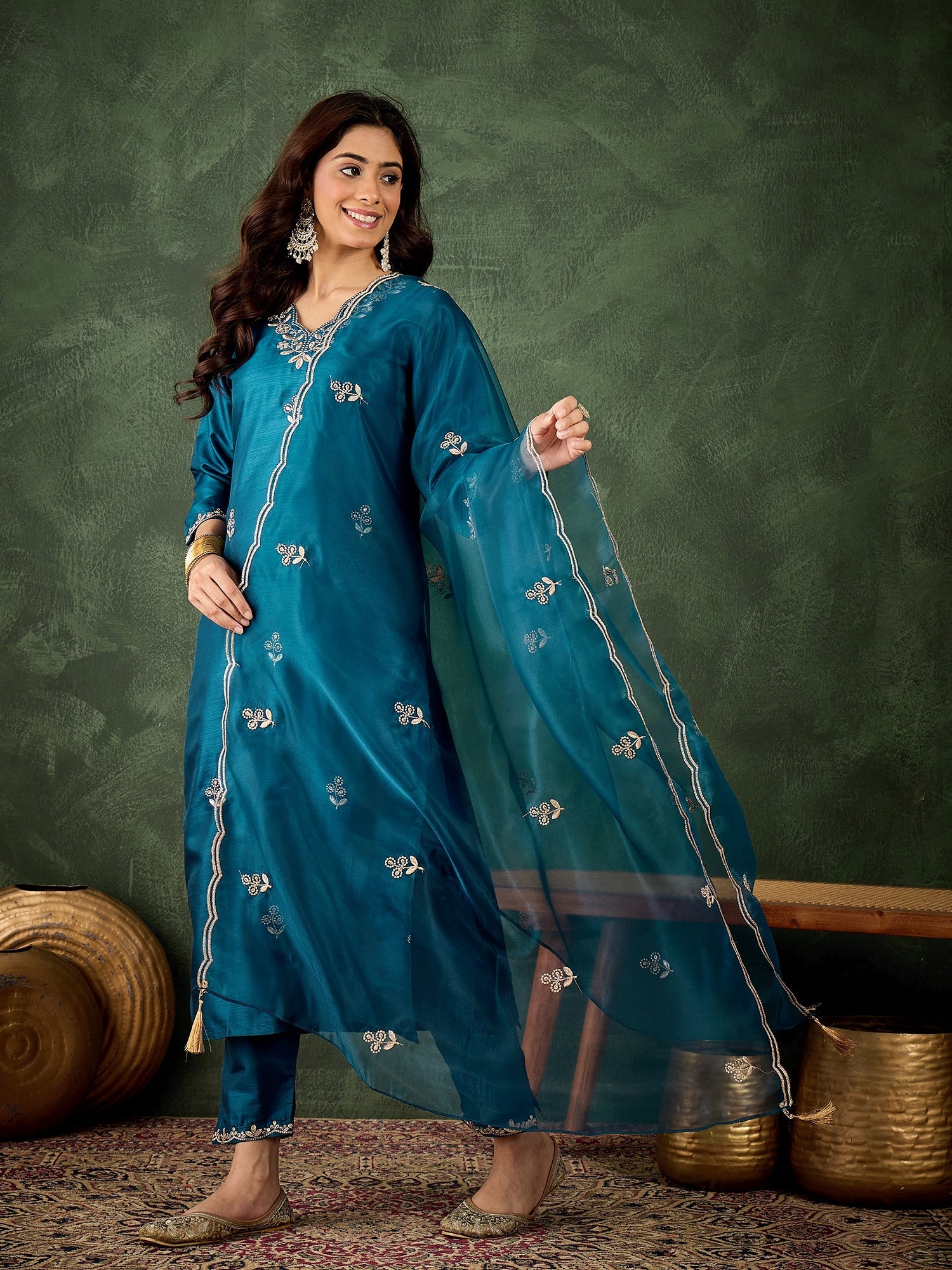 Women Floral Yoke Design Kurta with Trouser & Dupatta