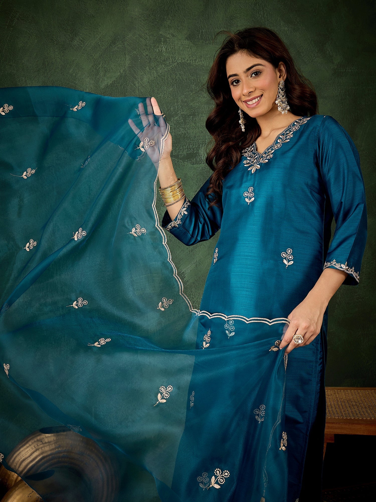 Women Floral Yoke Design Kurta with Trouser & Dupatta