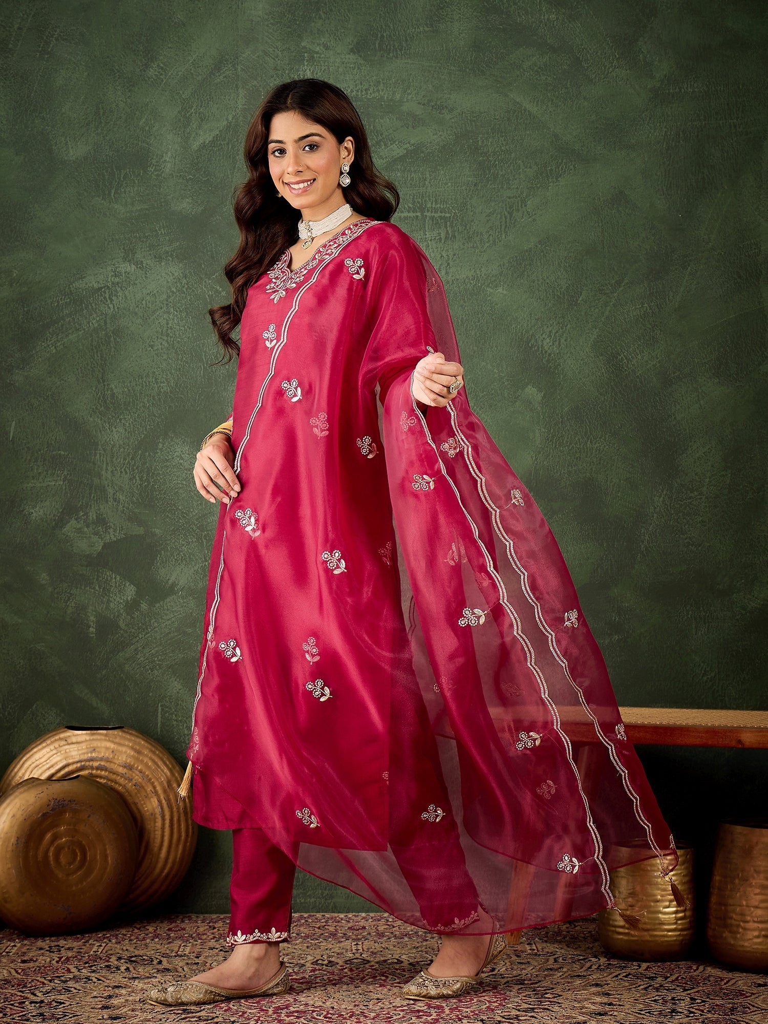 Women Floral Yoke Design Kurta with Trouser & Dupatta
