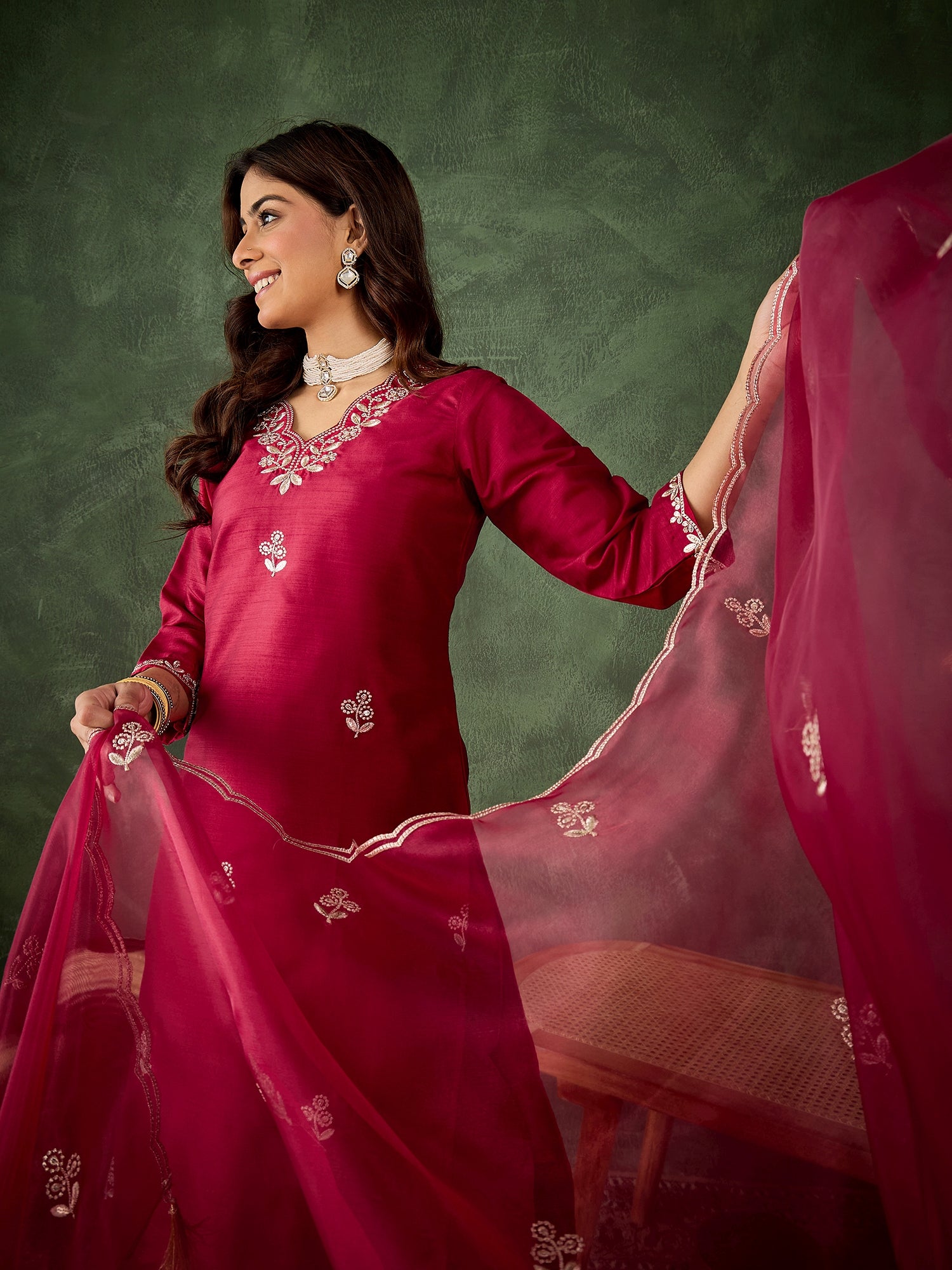 Women Floral Yoke Design Kurta with Trouser & Dupatta