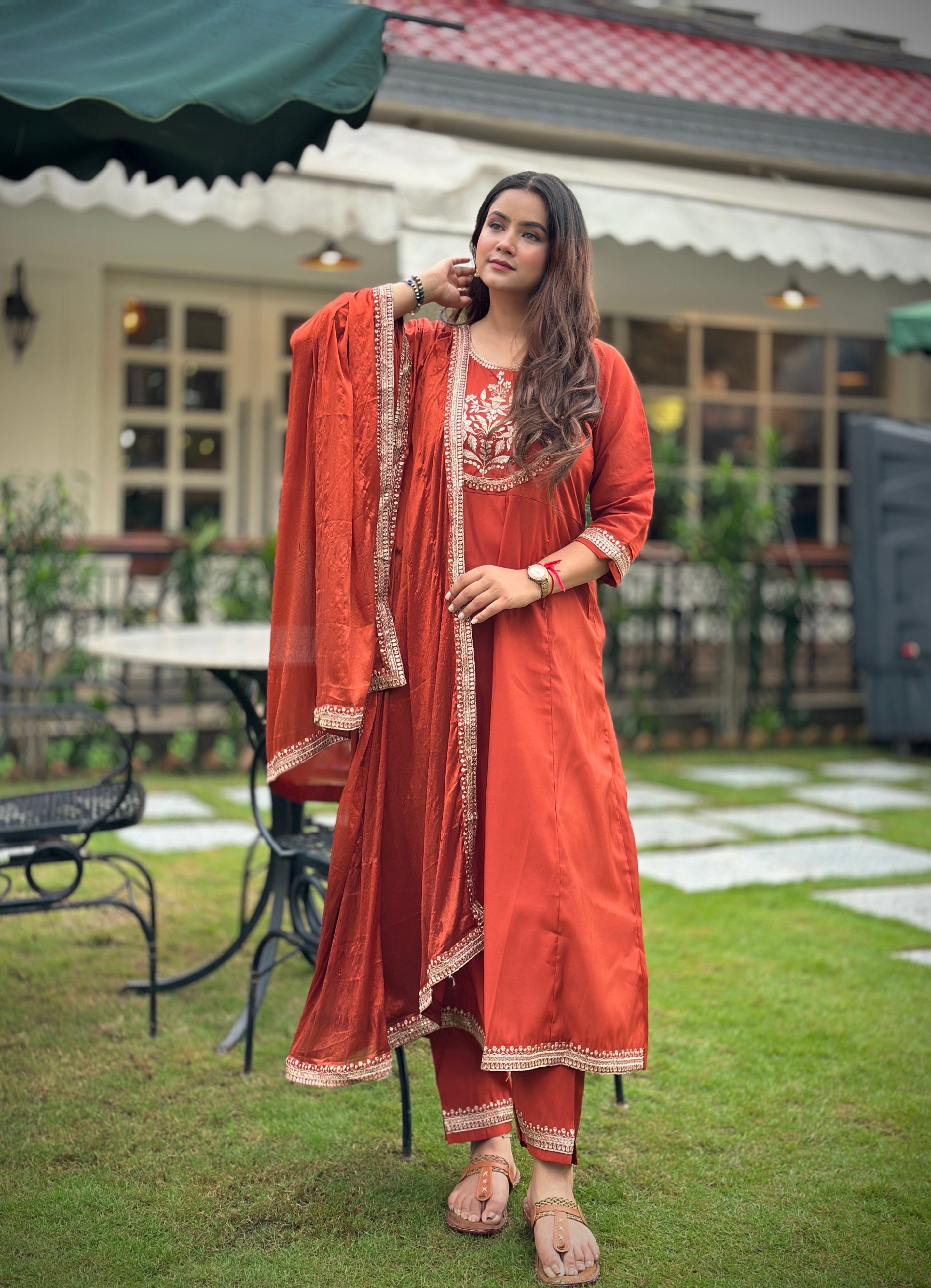 Rust Embroidered Silk Blend Anarkali Suit Set With Dupatta