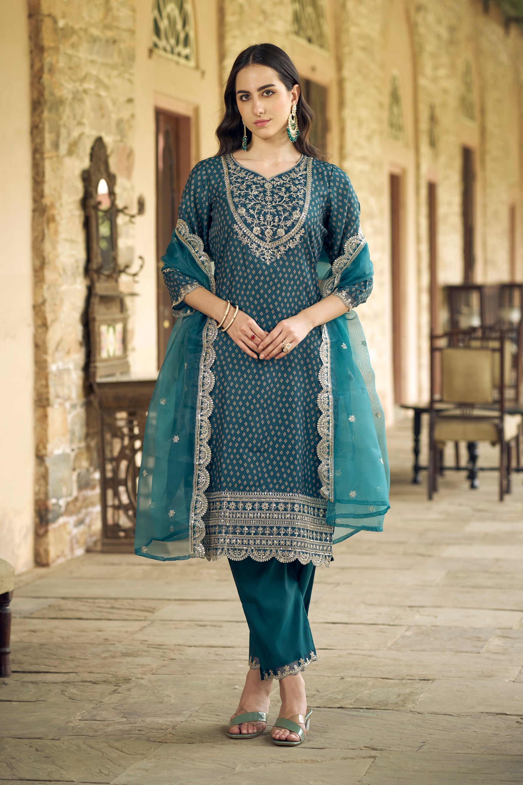 Teal Muslin Print Embroidered Straight Kurta with Pant & Dupatta