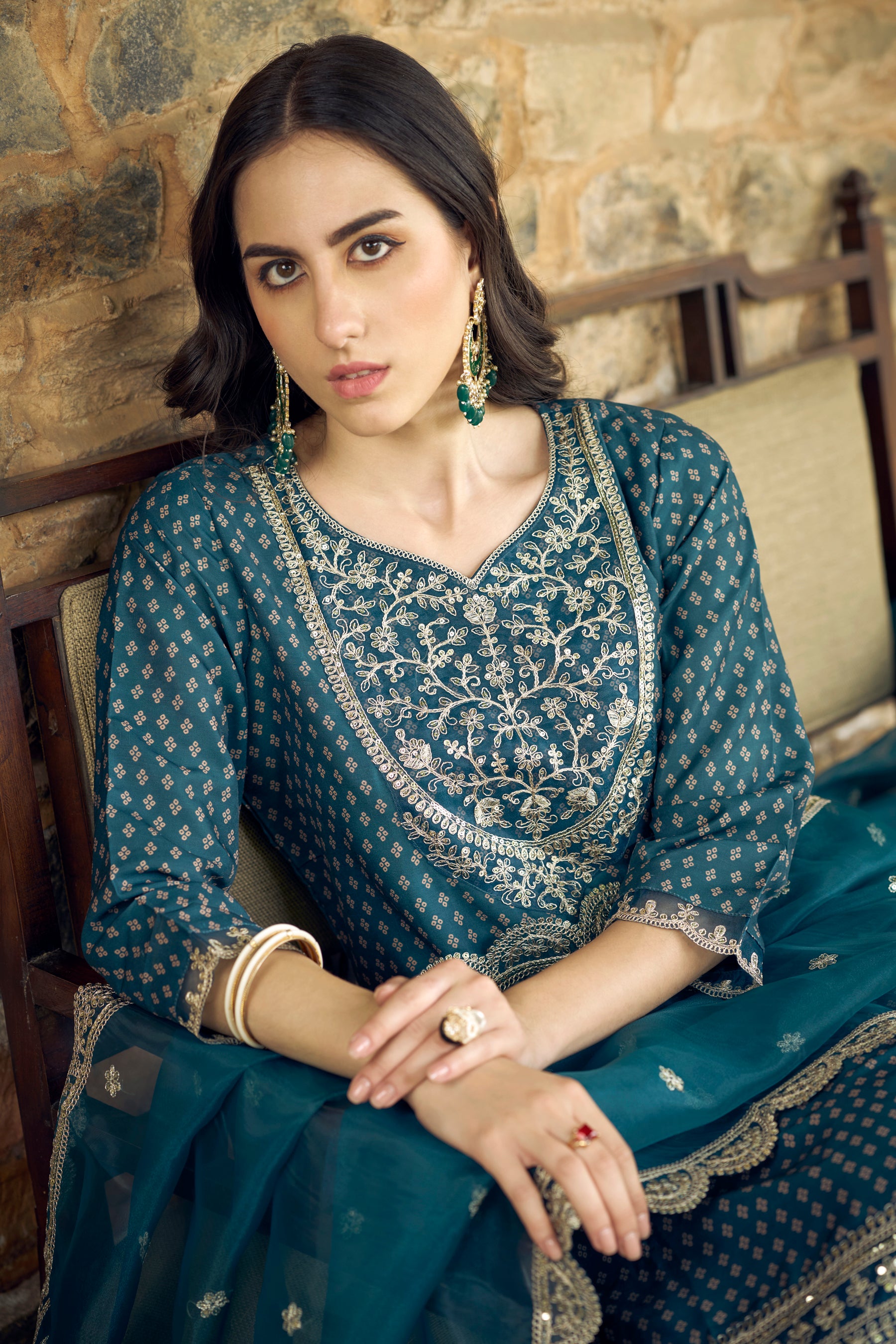 Teal Muslin Print Embroidered Straight Kurta with Pant & Dupatta