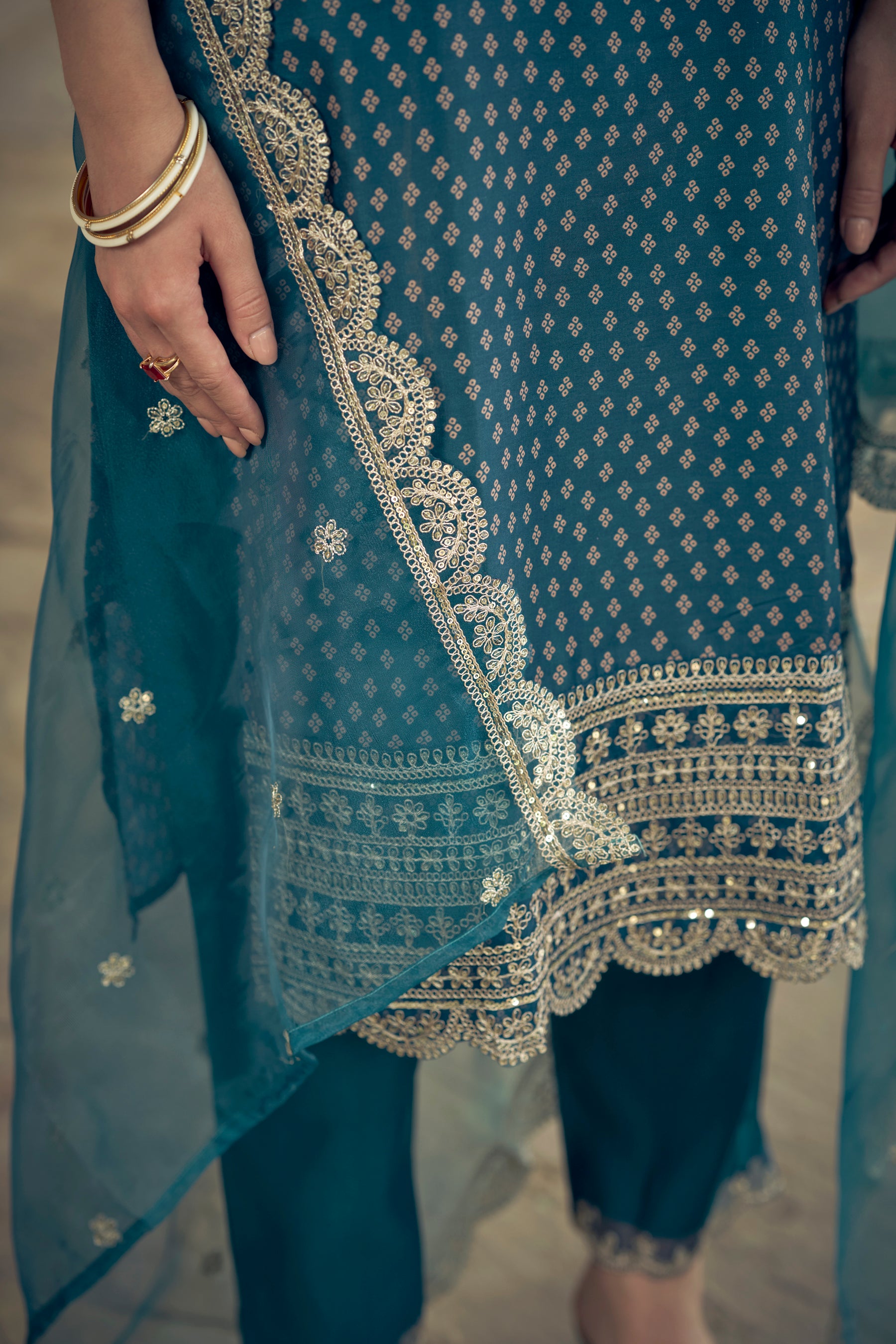 Teal Muslin Print Embroidered Straight Kurta with Pant & Dupatta