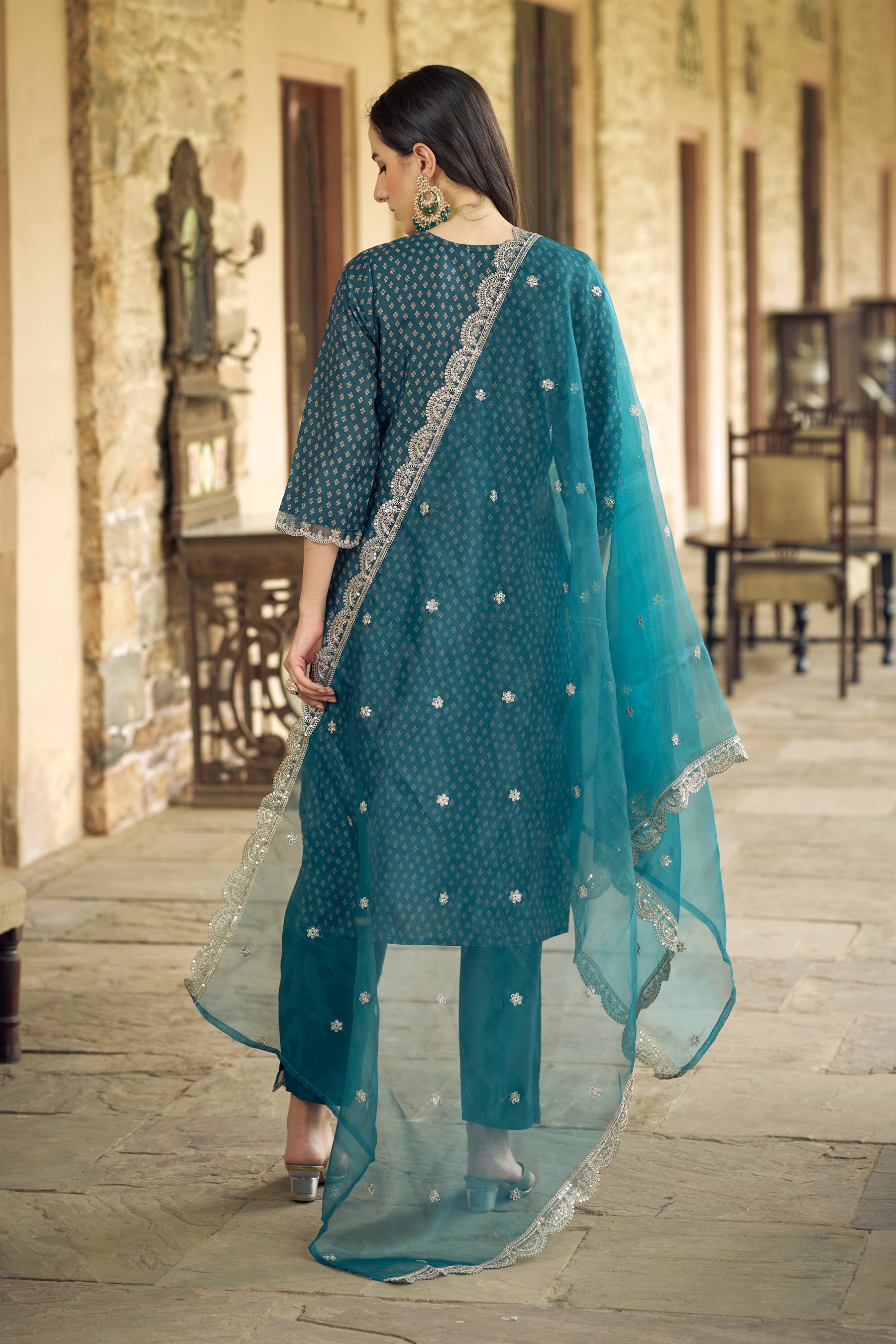 Teal Muslin Print Embroidered Straight Kurta with Pant & Dupatta