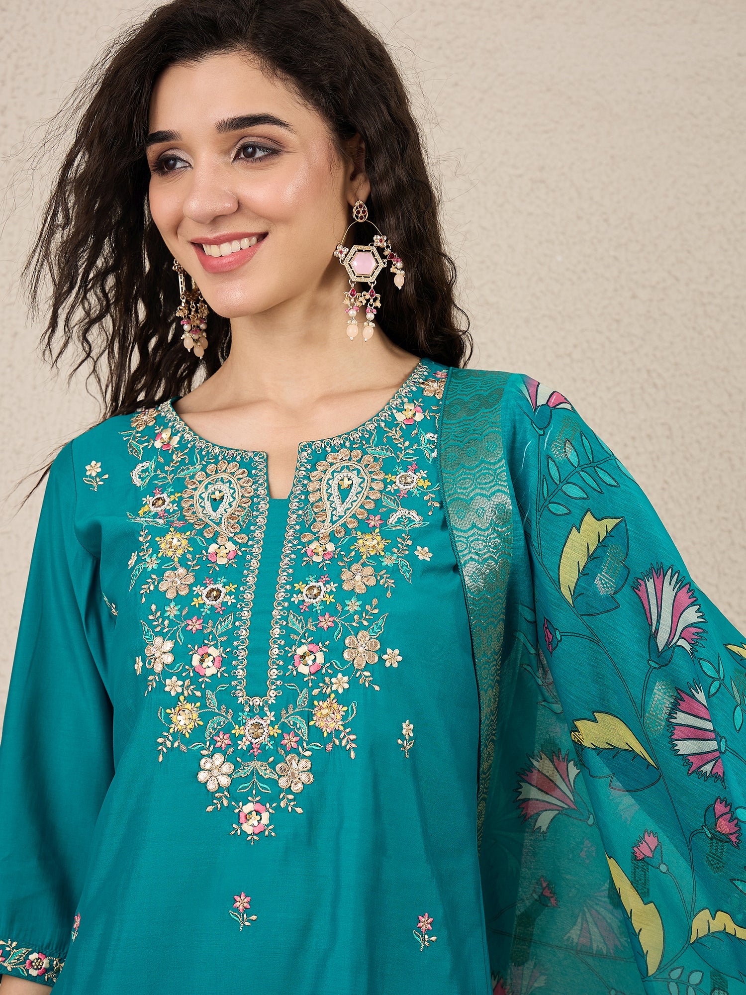 Women Kurta and Pant Dupatta Set Viscose Rayon Fabric with Embroidery Handwork