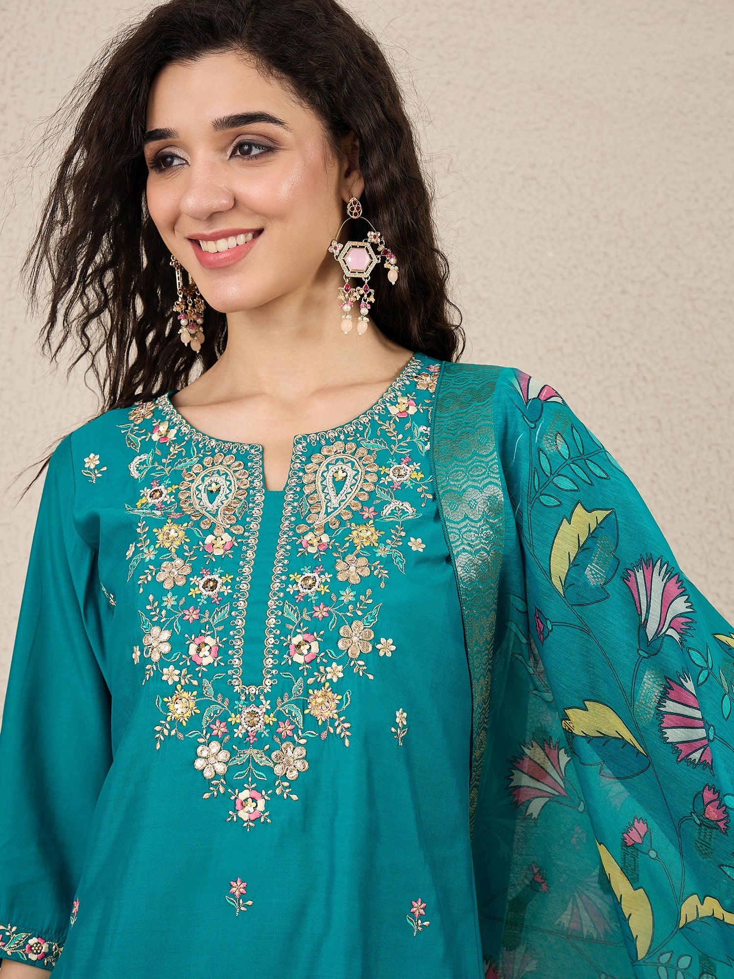Women Kurta and Pant Dupatta Set Viscose Rayon Fabric with Embroidery Handwork