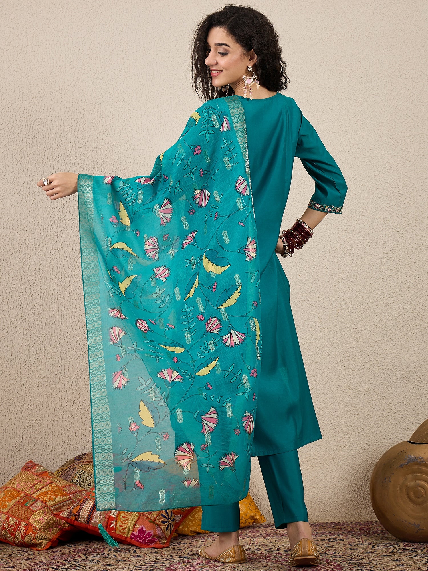 Women Kurta and Pant Dupatta Set Viscose Rayon Fabric with Embroidery Handwork