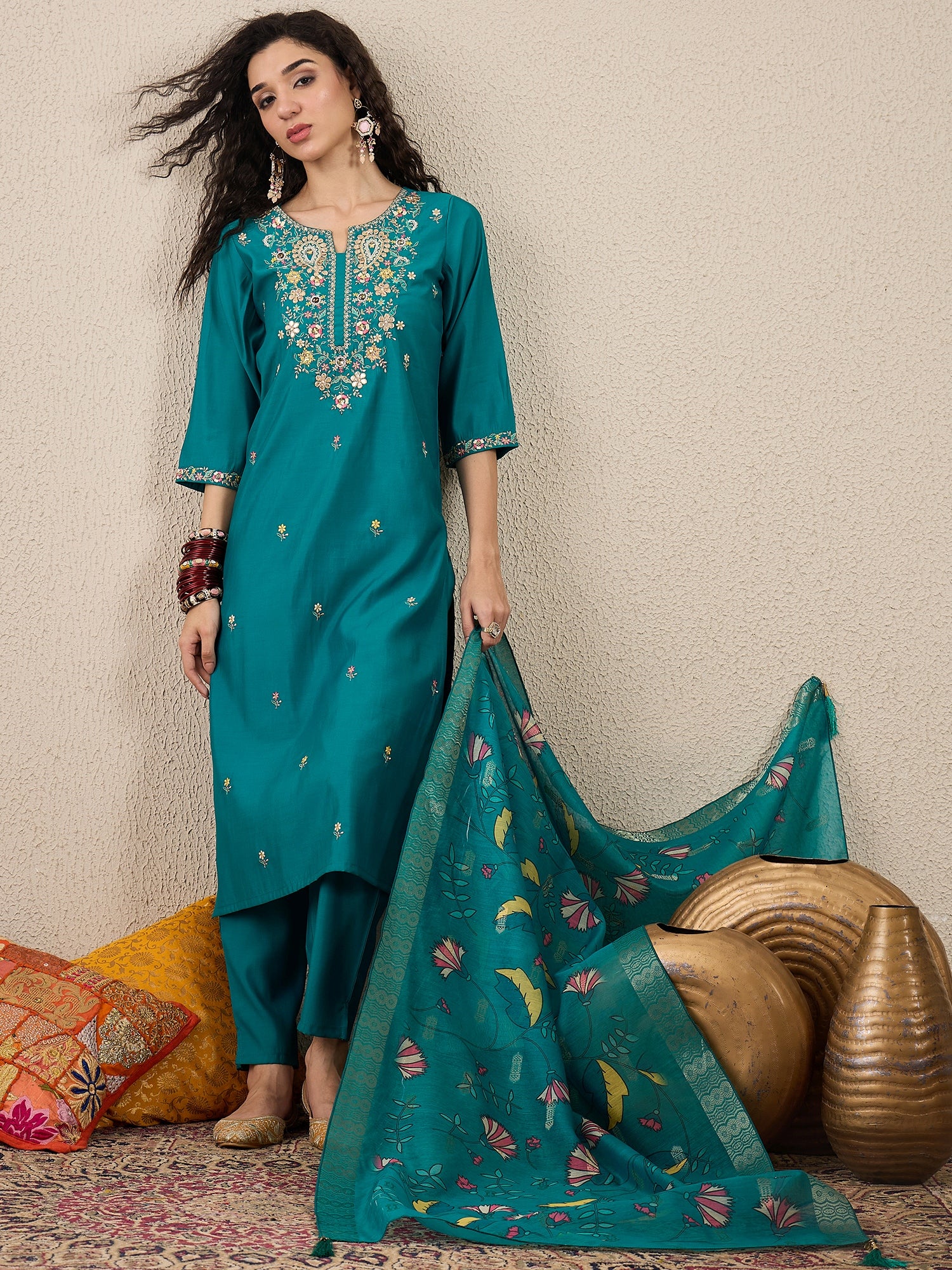 Women Kurta and Pant Dupatta Set Viscose Rayon Fabric with Embroidery Handwork