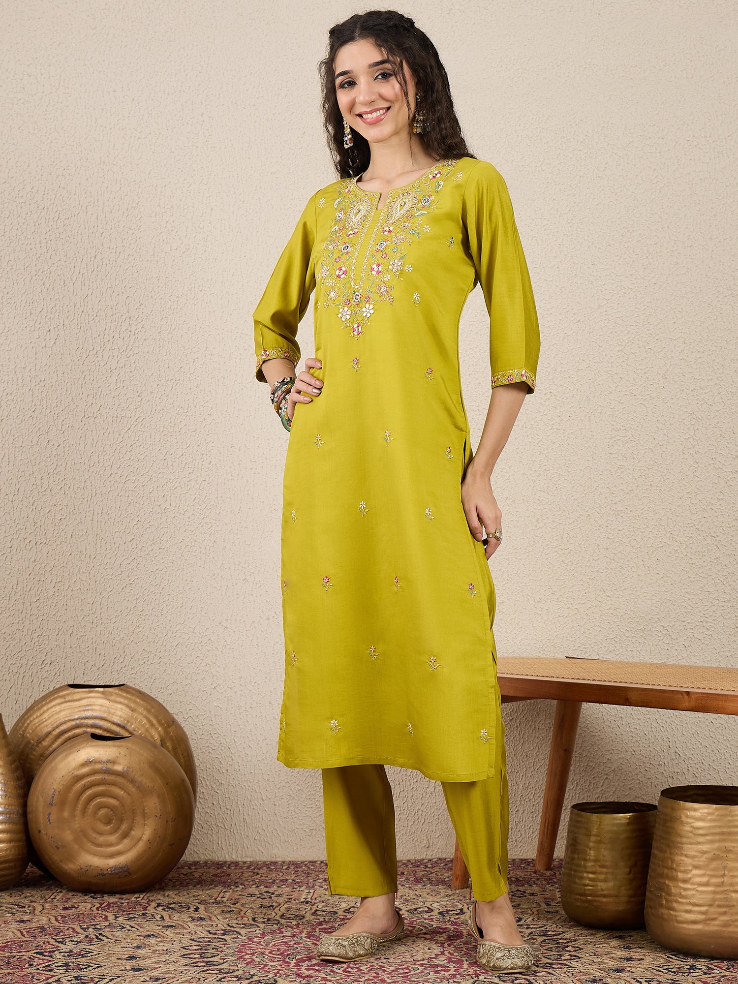 Women Kurta and Pant Dupatta Set Viscose Rayon Fabric with Embroidery Handwork