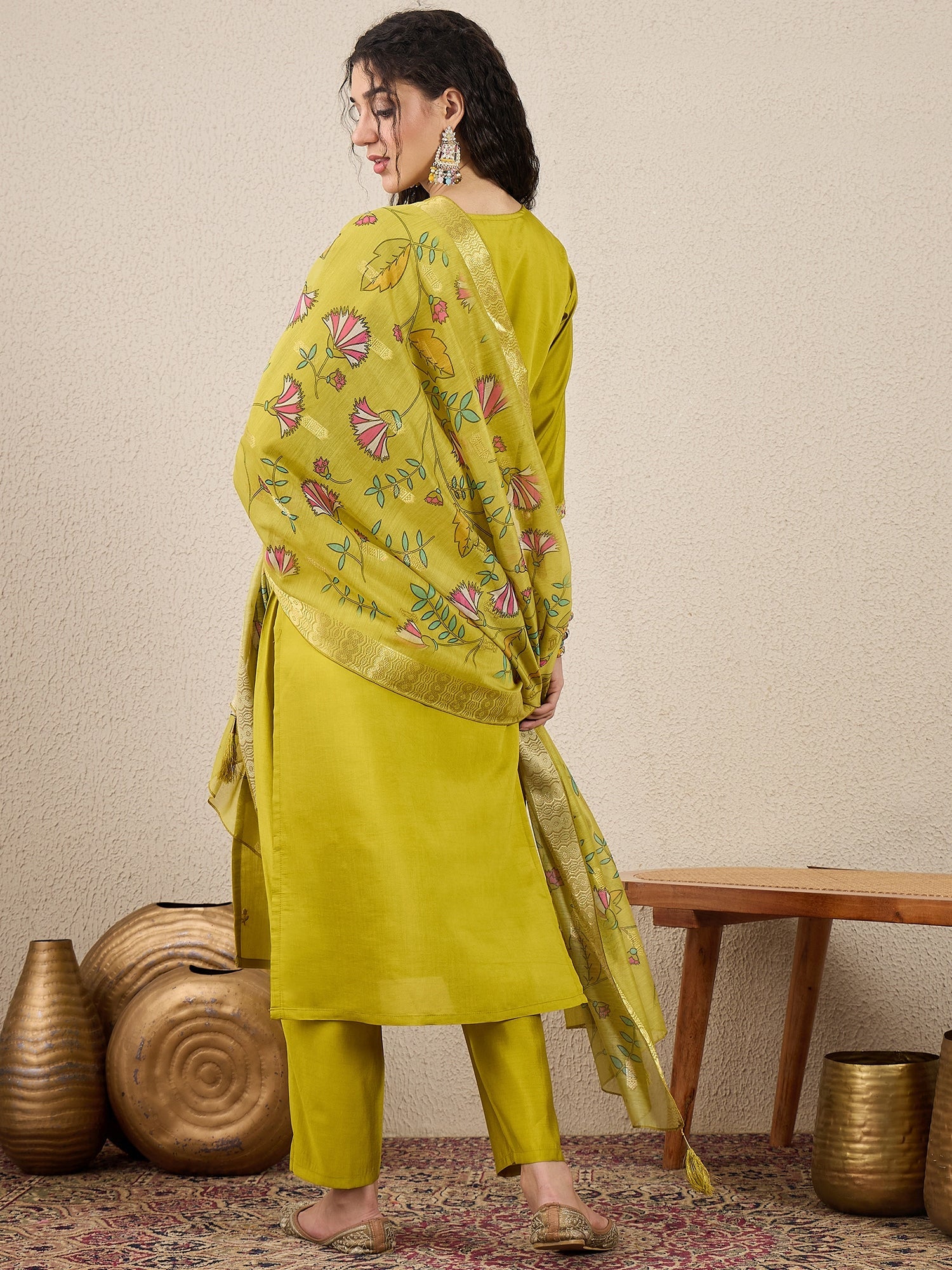 Women Kurta and Pant Dupatta Set Viscose Rayon Fabric with Embroidery Handwork