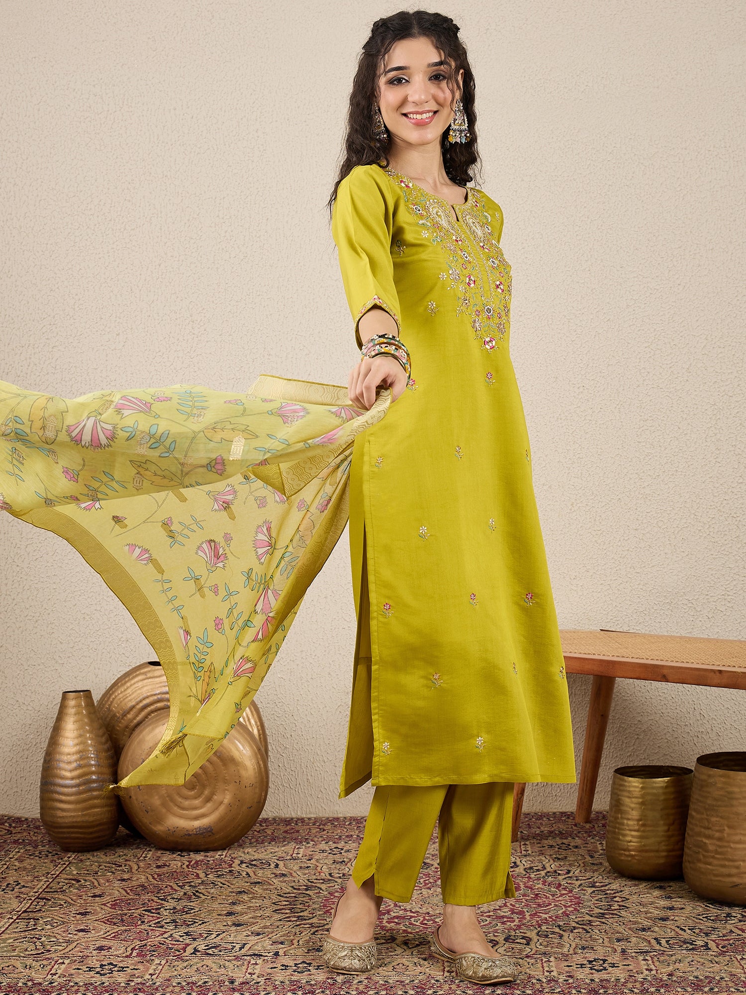 Women Kurta and Pant Dupatta Set Viscose Rayon Fabric with Embroidery Handwork