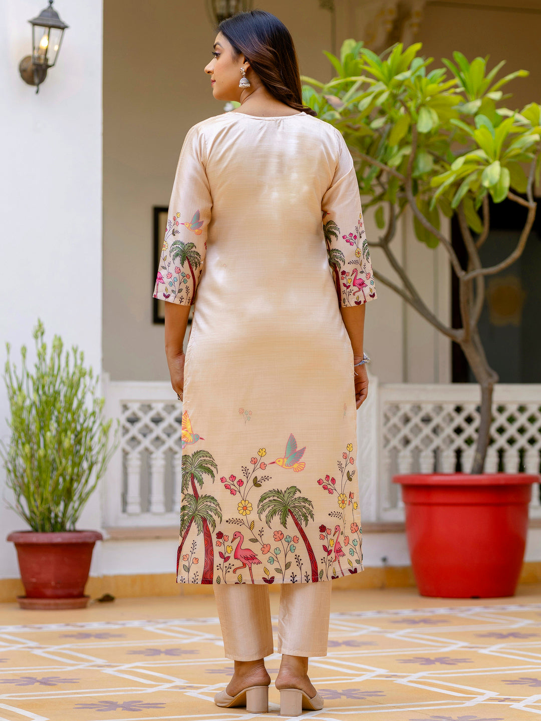 Cream Beads Embroidered Silk Women Kurta Sets With Printed Dupatta Suits