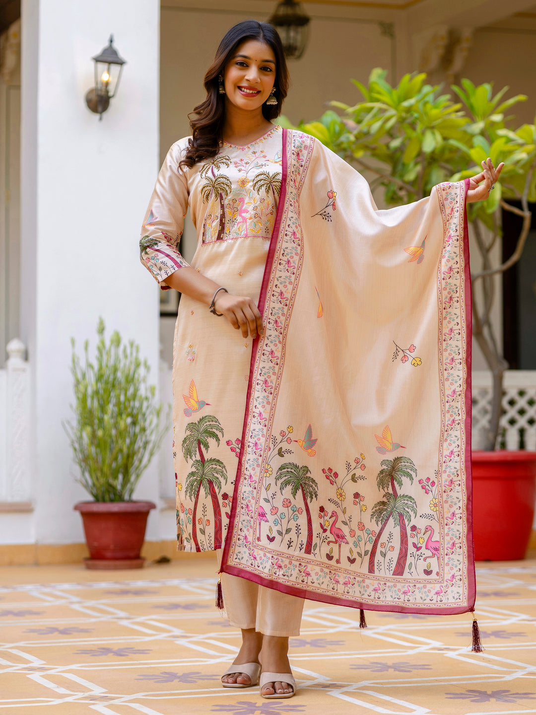 Cream Beads Embroidered Silk Women Kurta Sets With Printed Dupatta Suits