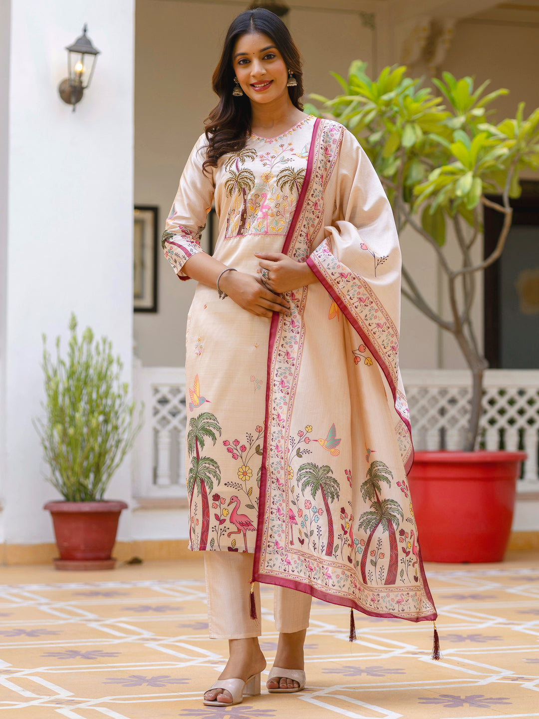 Cream Beads Embroidered Silk Women Kurta Sets With Printed Dupatta Suits