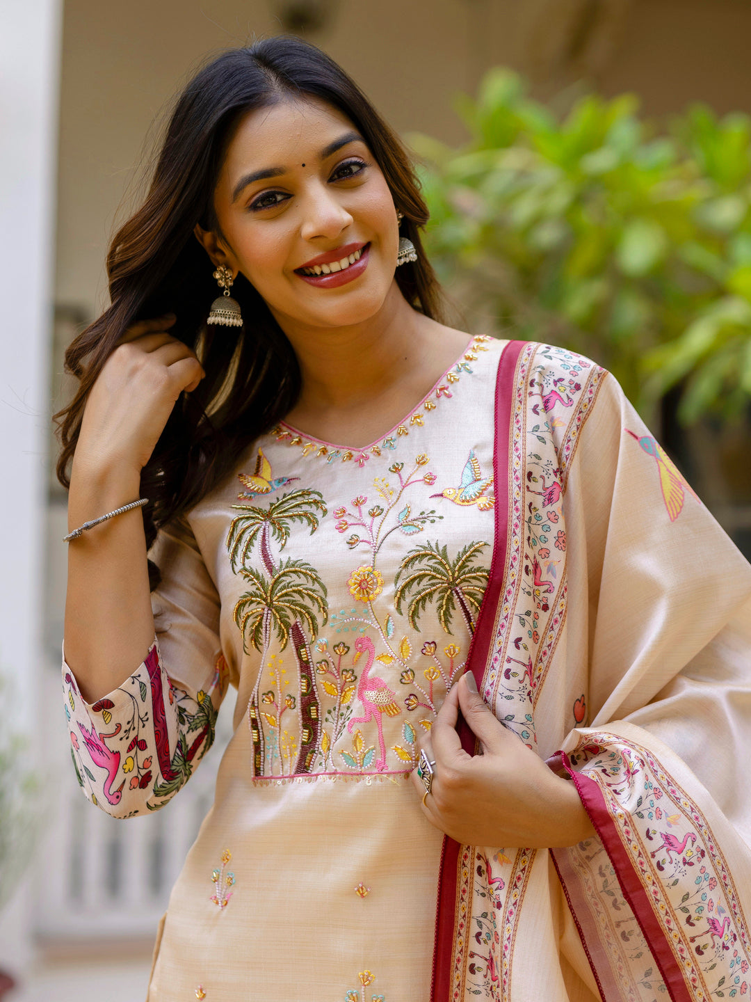 Cream Beads Embroidered Silk Women Kurta Sets With Printed Dupatta Suits