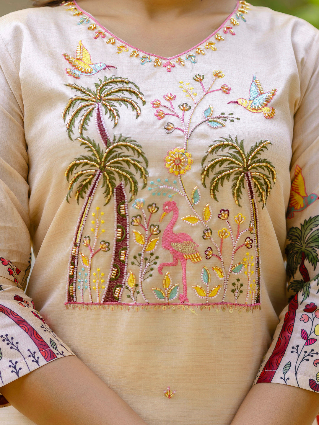 Cream Beads Embroidered Silk Women Kurta Sets With Printed Dupatta Suits