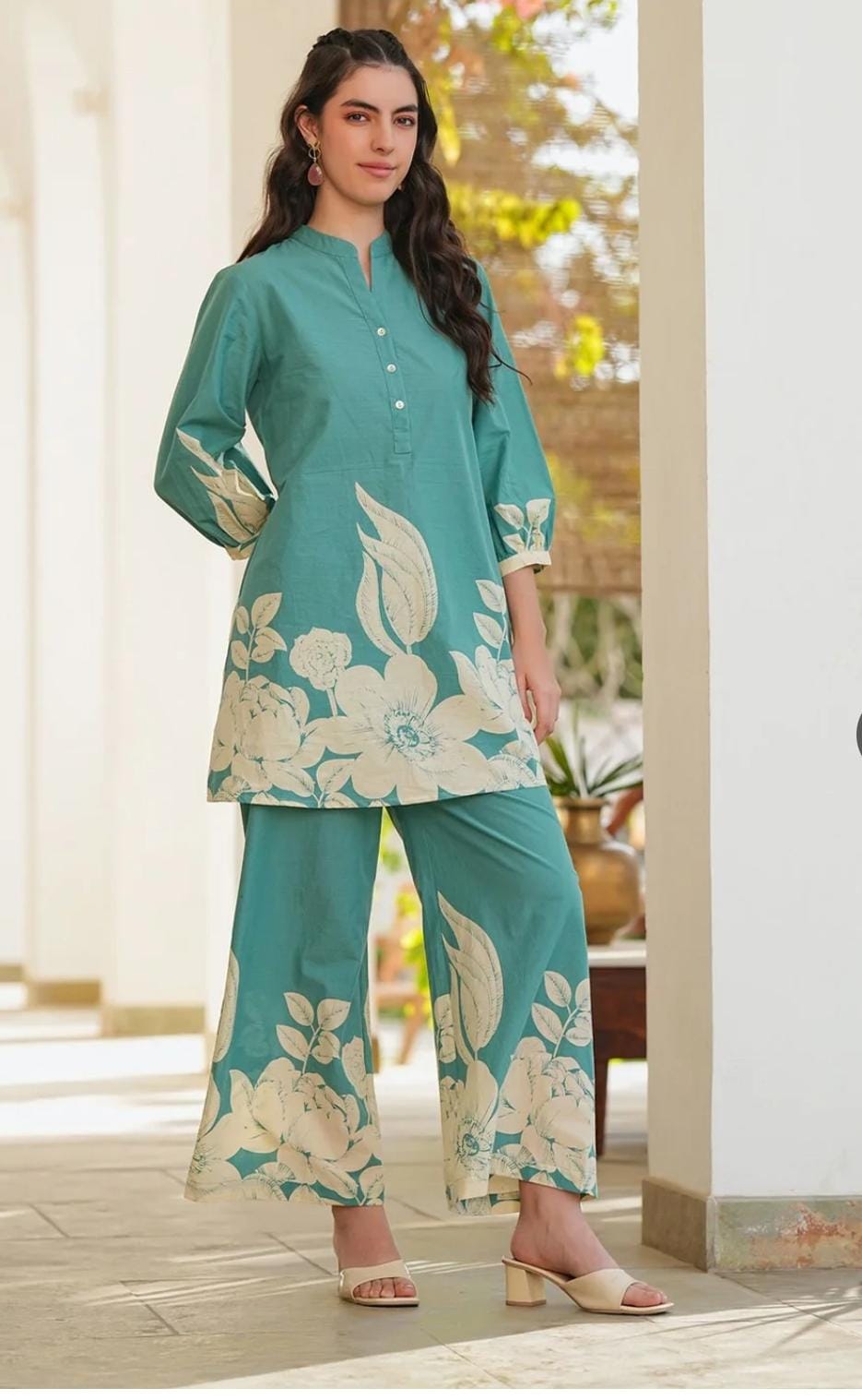 Women's Teal Printed Cotton Co-Ord Set