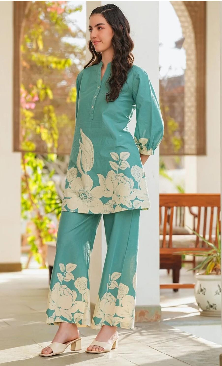 Women's Teal Printed Cotton Co-Ord Set
