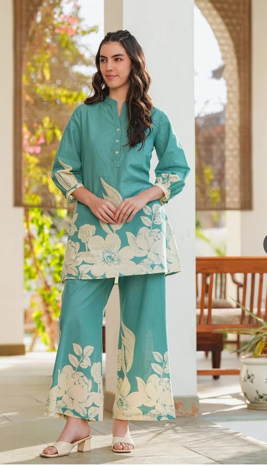 Women's Teal Printed Cotton Co-Ord Set