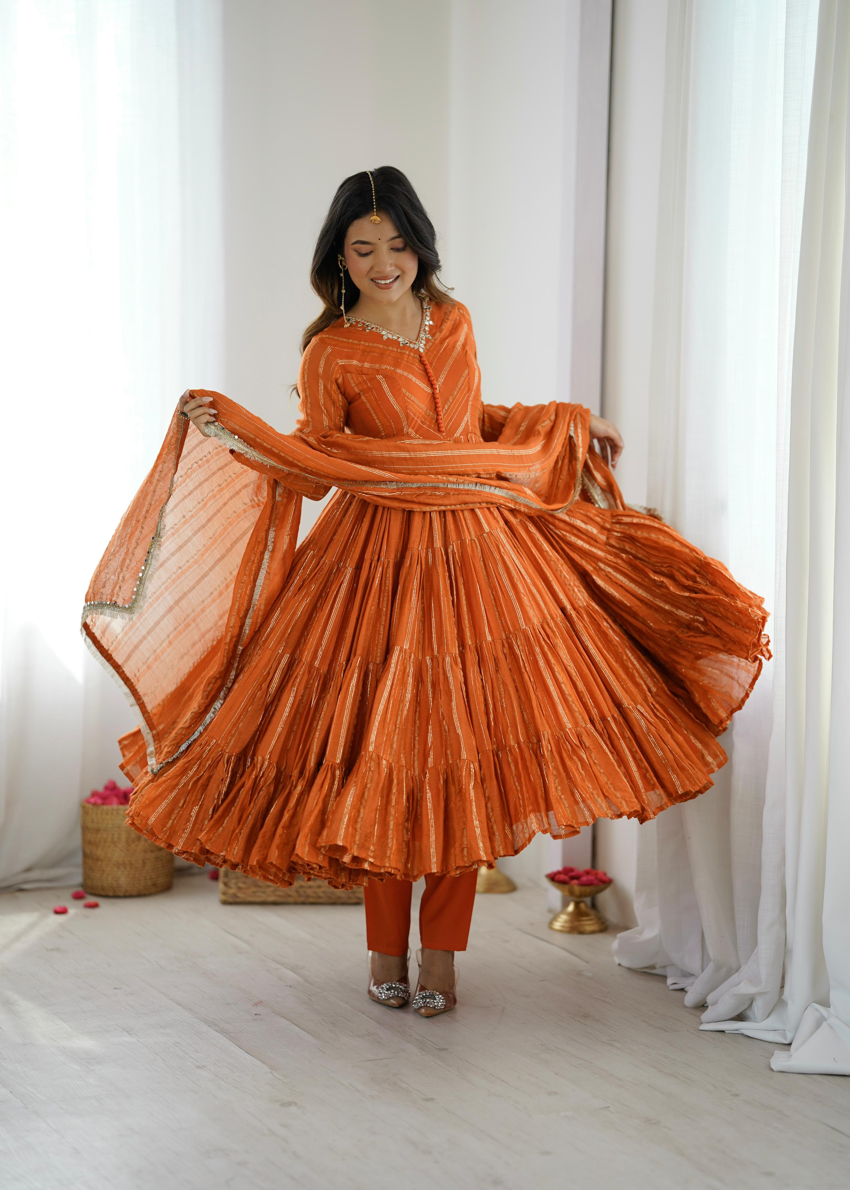 Tangerine Glow Mal Chanderi Anarkali Set