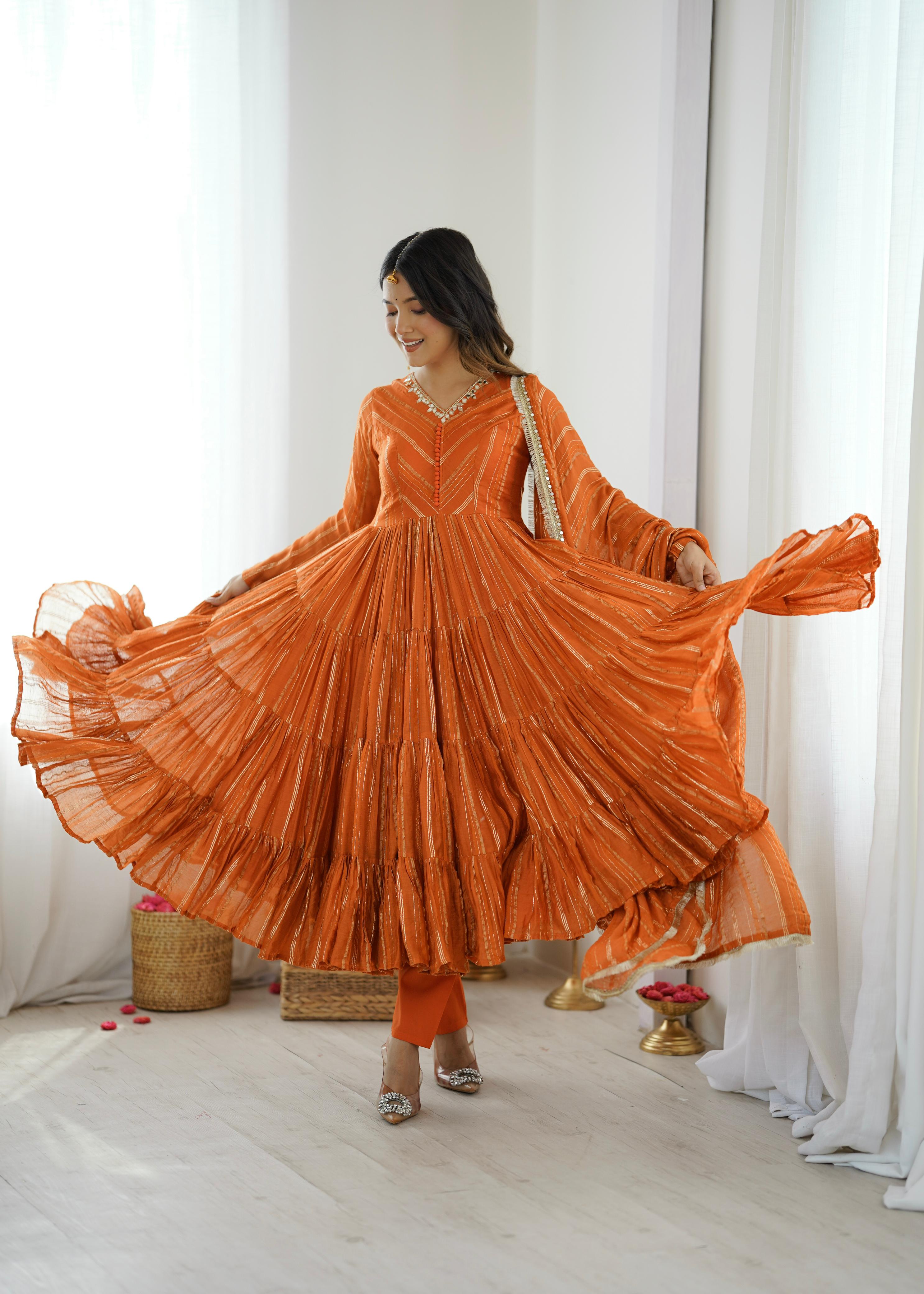 Tangerine Glow Mal Chanderi Anarkali Set