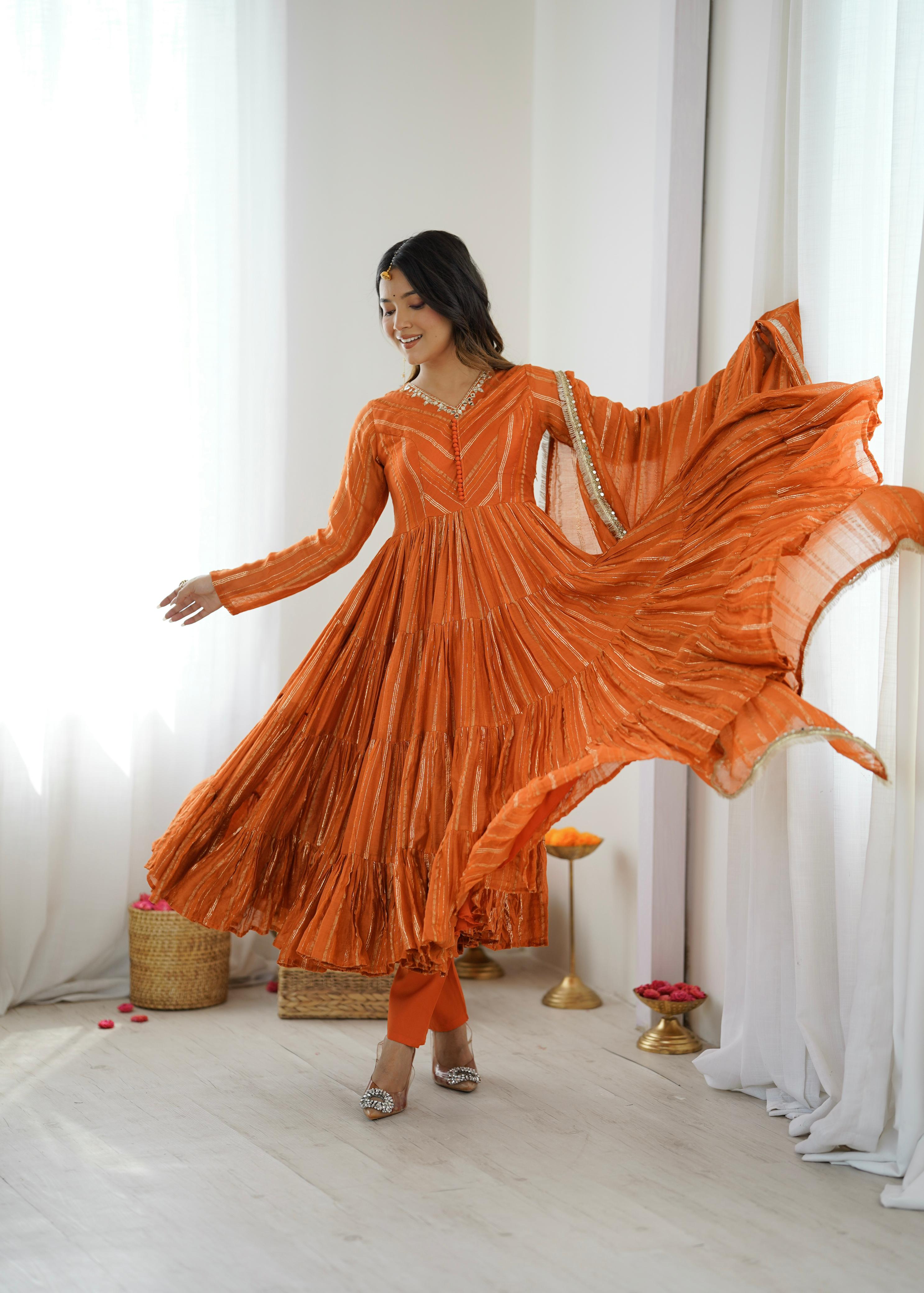 Tangerine Glow Mal Chanderi Anarkali Set