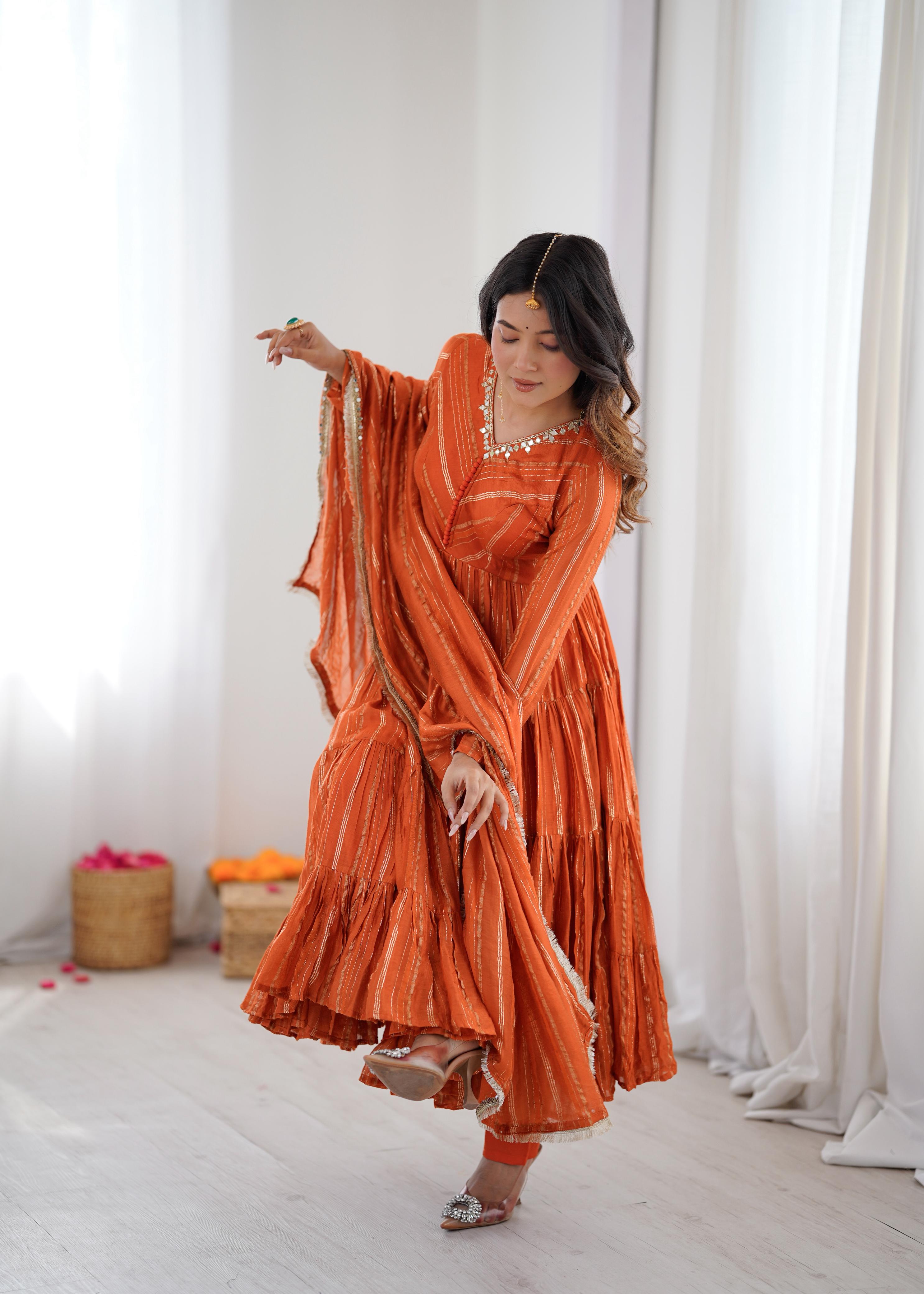 Tangerine Glow Mal Chanderi Anarkali Set