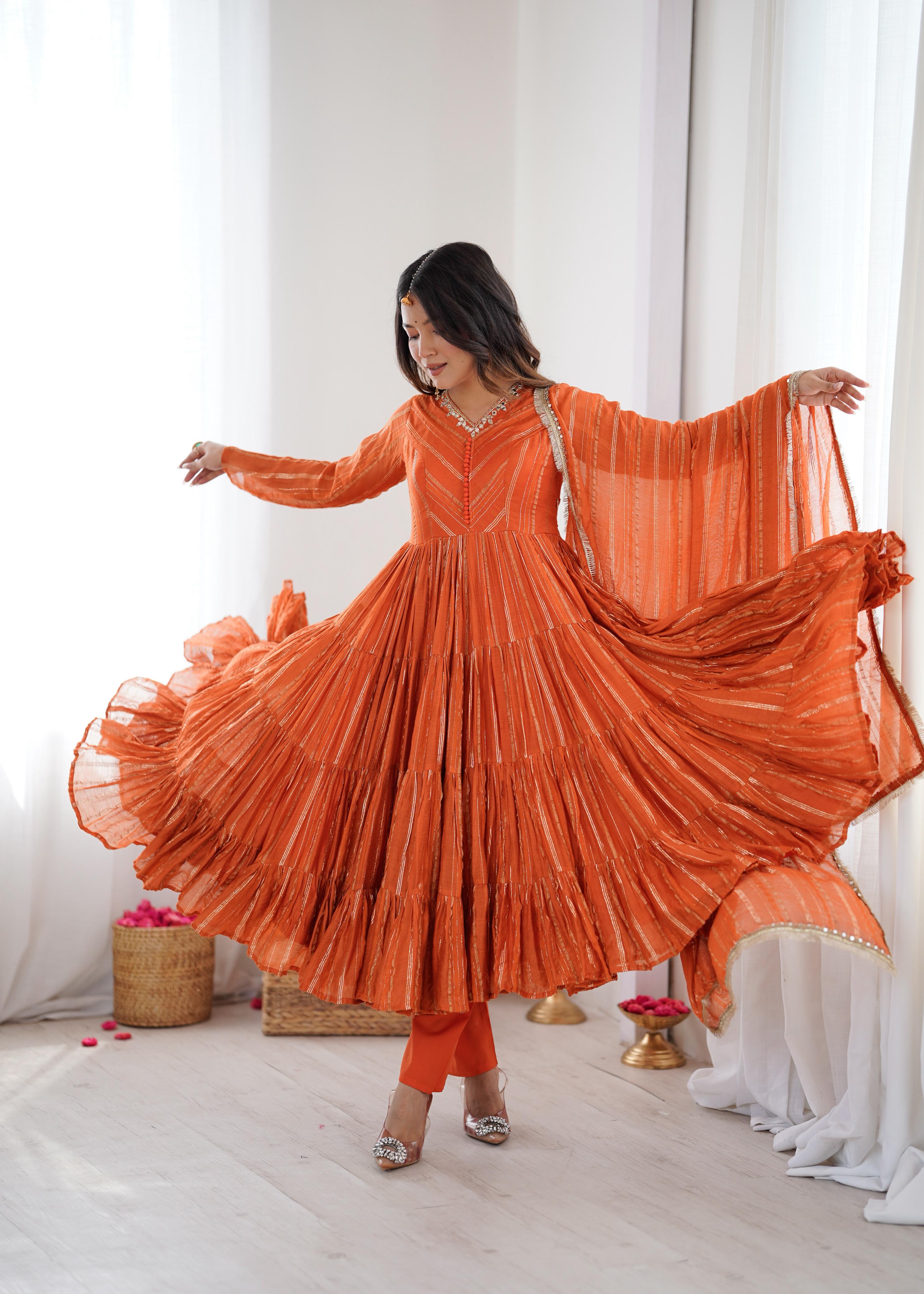Tangerine Glow Mal Chanderi Anarkali Set
