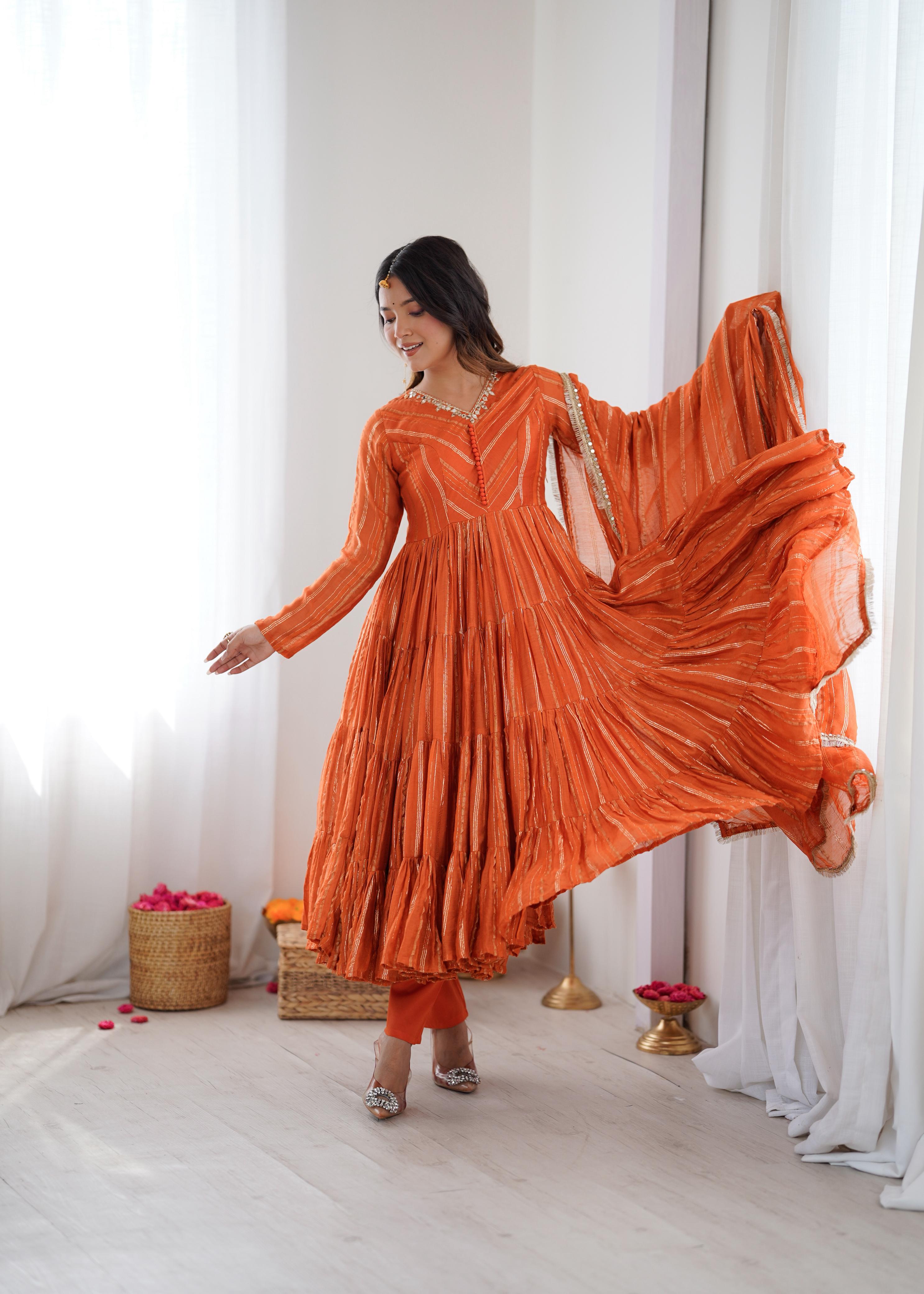 Tangerine Glow Mal Chanderi Anarkali Set