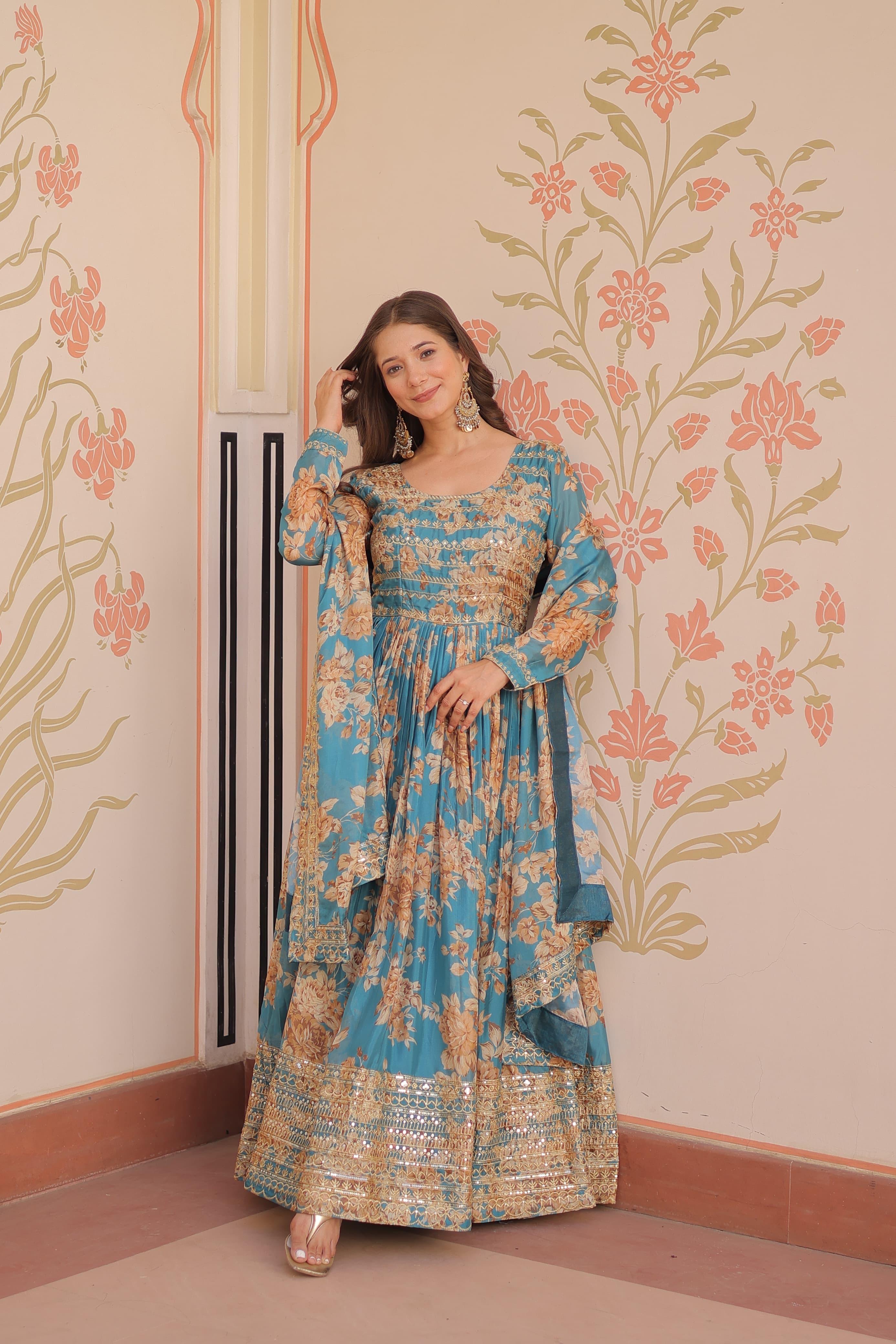 Azure Bloom Royale Russian Silk Gown Set