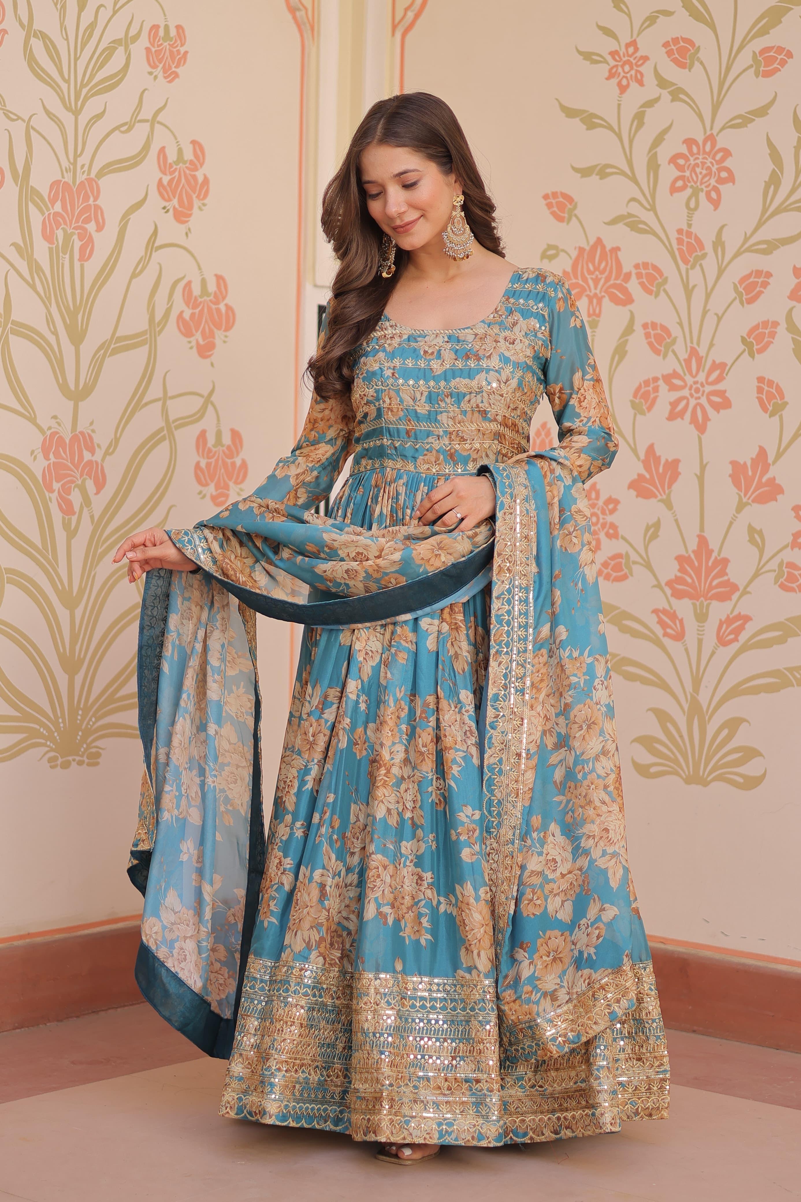 Azure Bloom Royale Russian Silk Gown Set