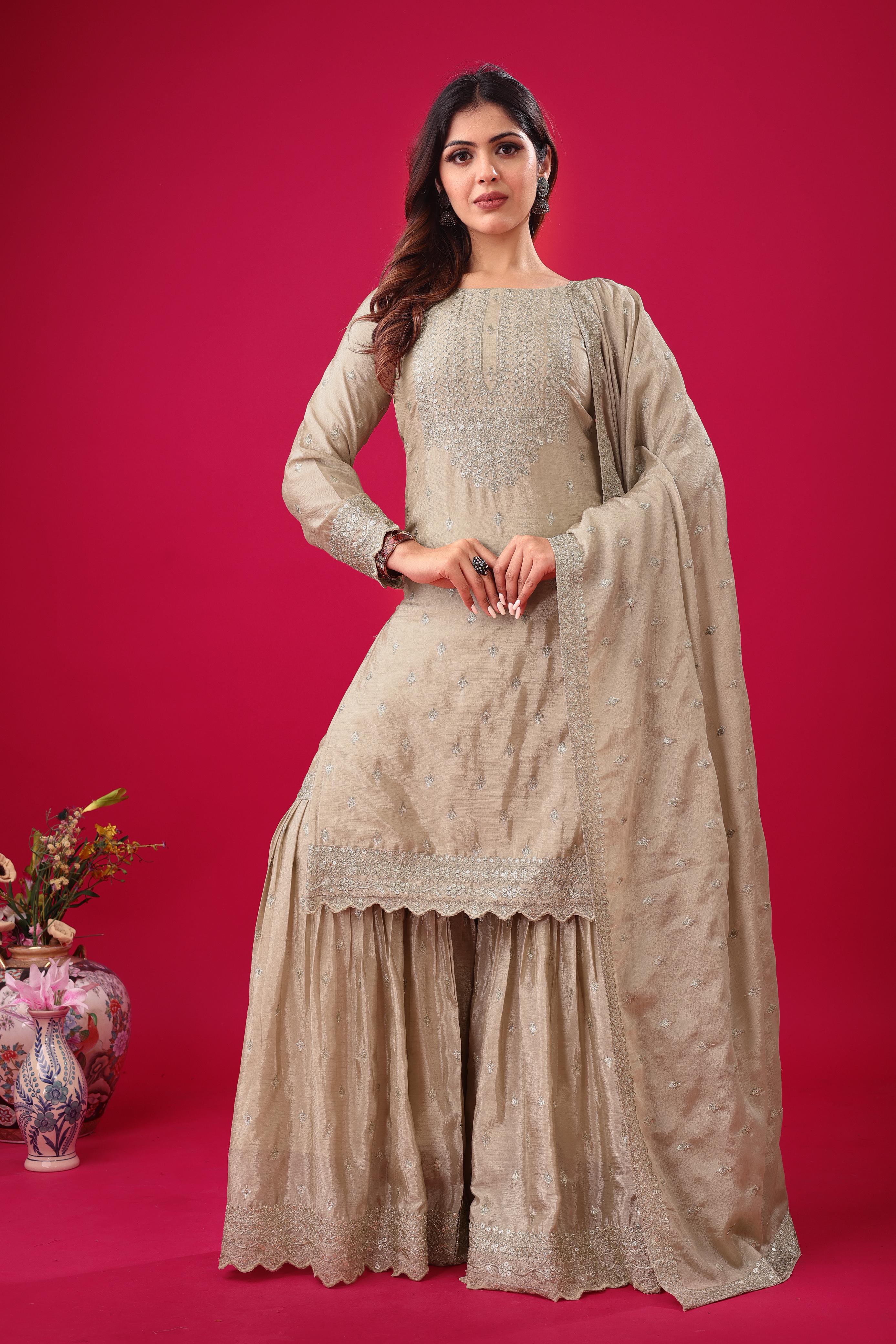 Golden Mist Luxe Chinon Silk Sharara Set