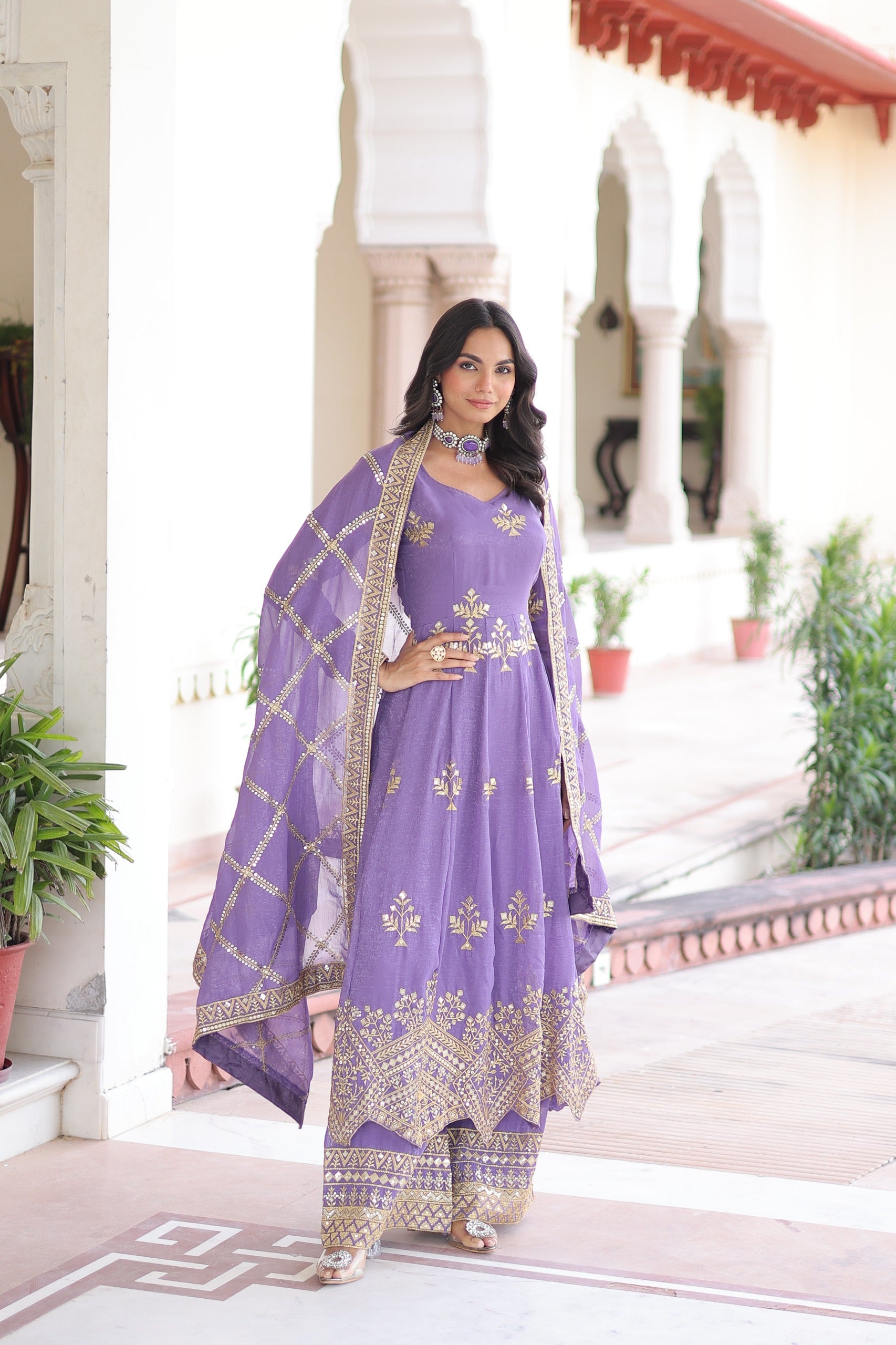 Amethyst Aura Embroidered Gown with Pant & Dupatta Set