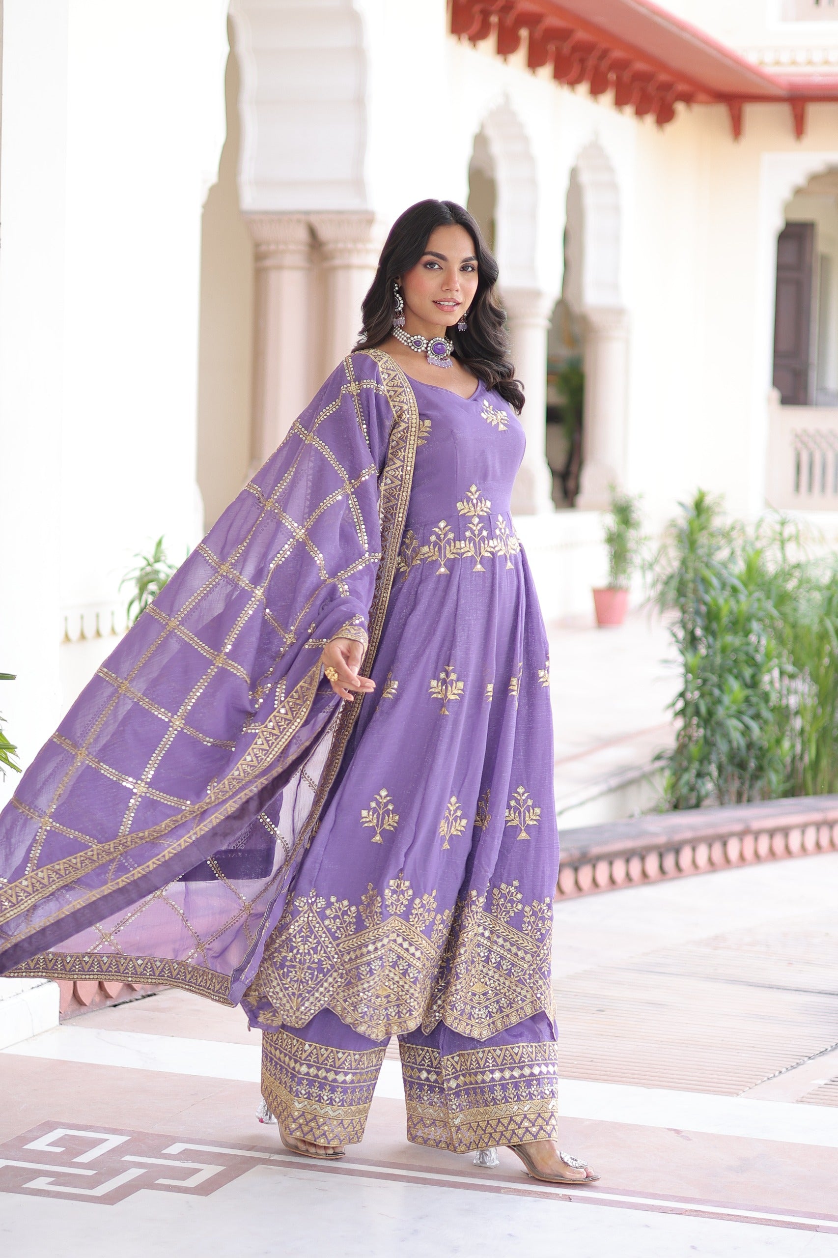 Amethyst Aura Embroidered Gown with Pant & Dupatta Set