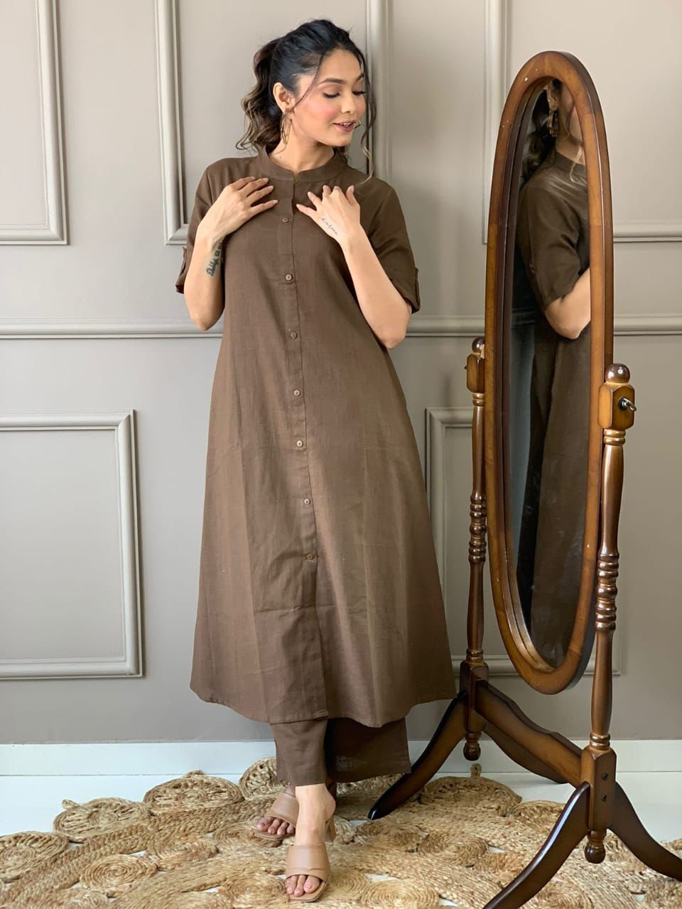 Brown Reverie Cotton A-Line Co-Ord Set