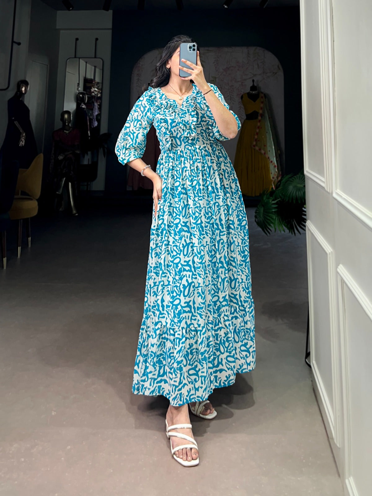 Azure Script Printed Georgette Maxi Frock