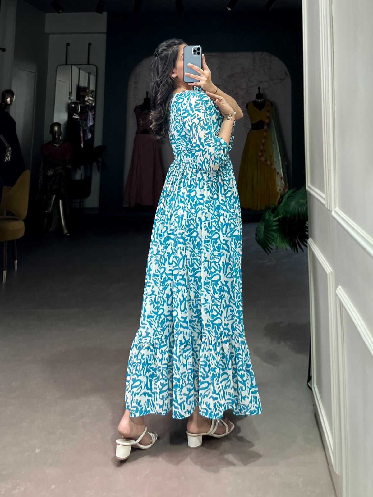 Azure Script Printed Georgette Maxi Frock