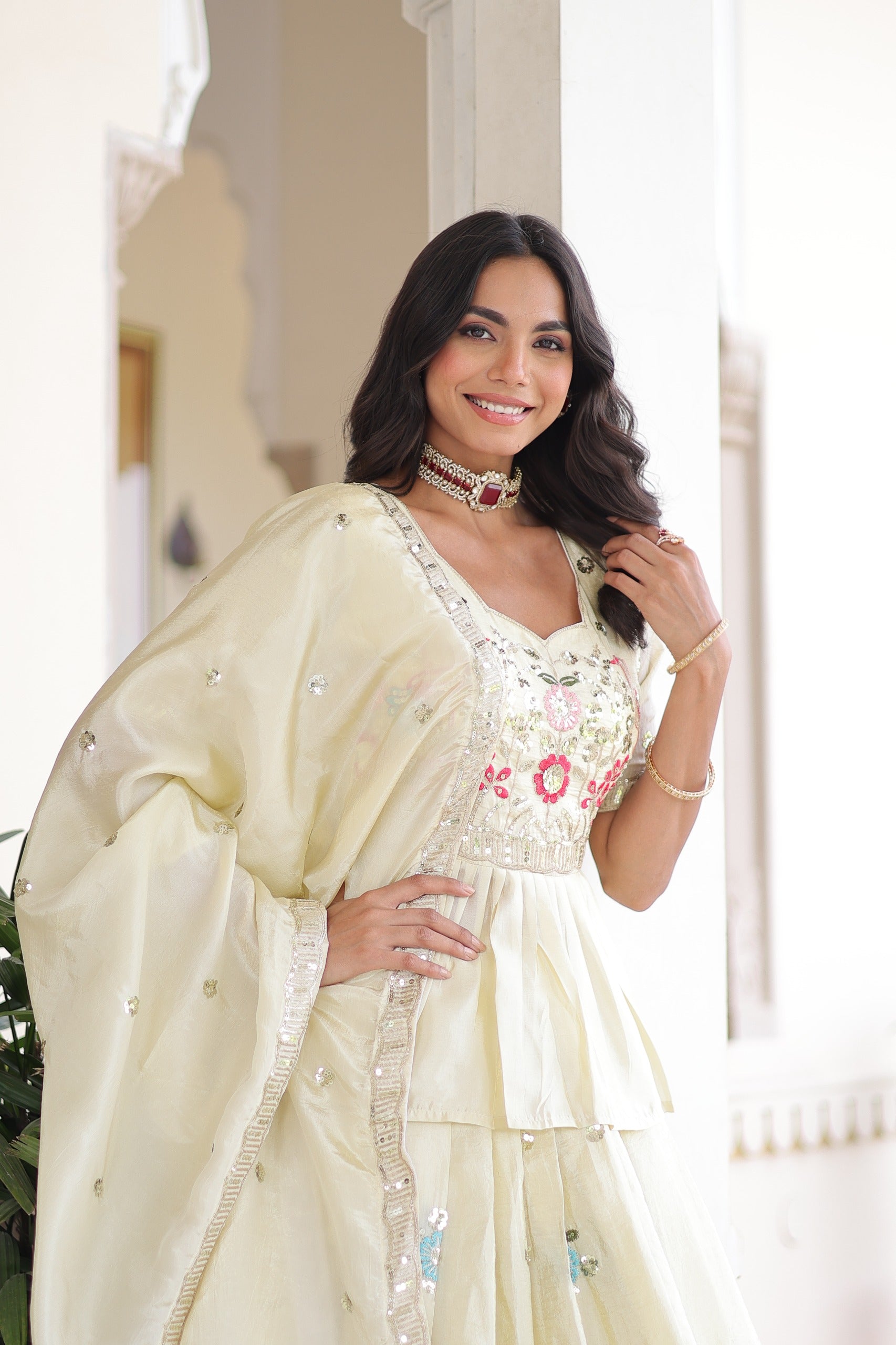 Ivory Gold Crush Embroidered Lehenga Choli Set