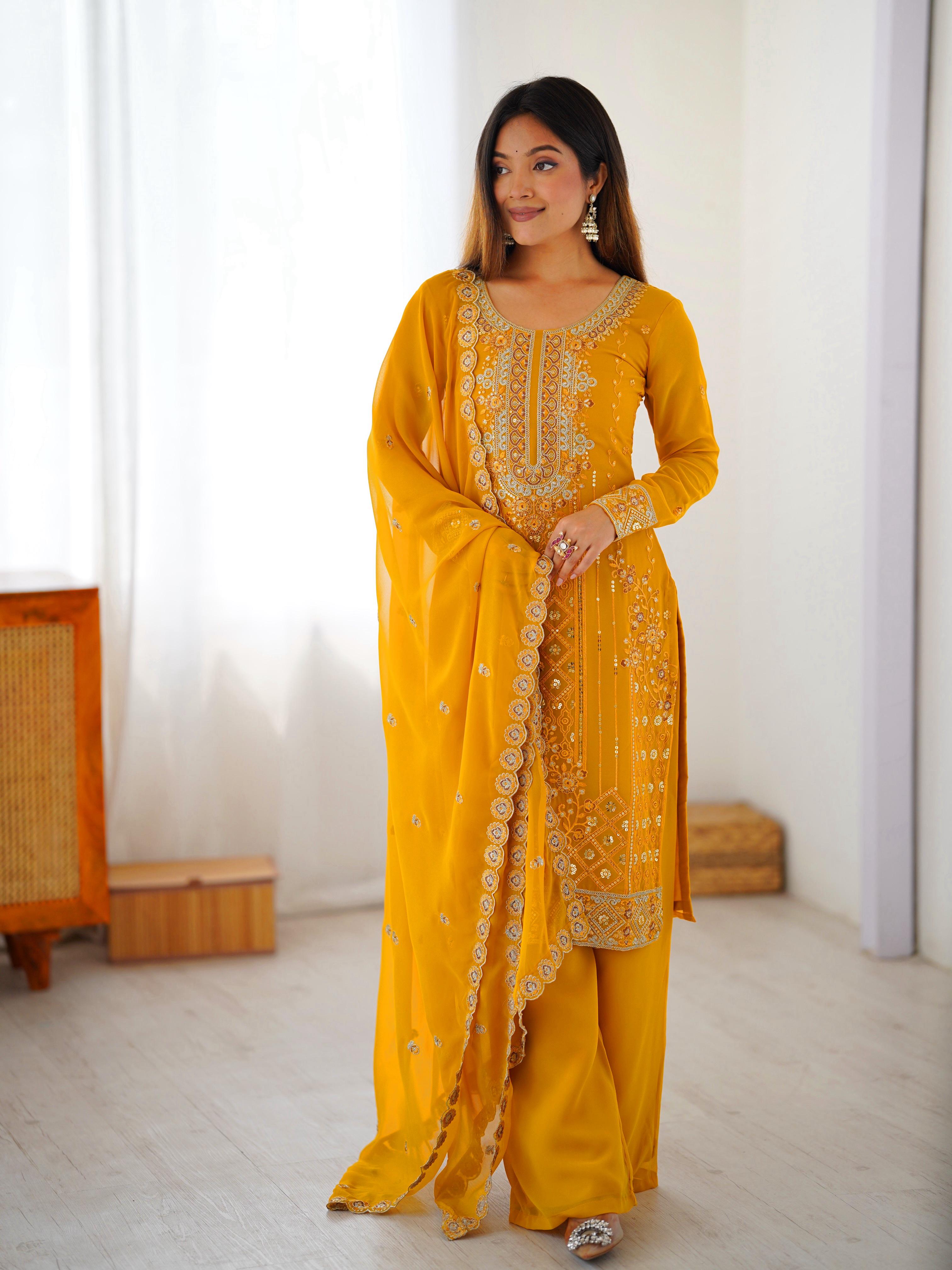 Mustard Yellow Faux Georgette Embroidered Palazzo Suit Set