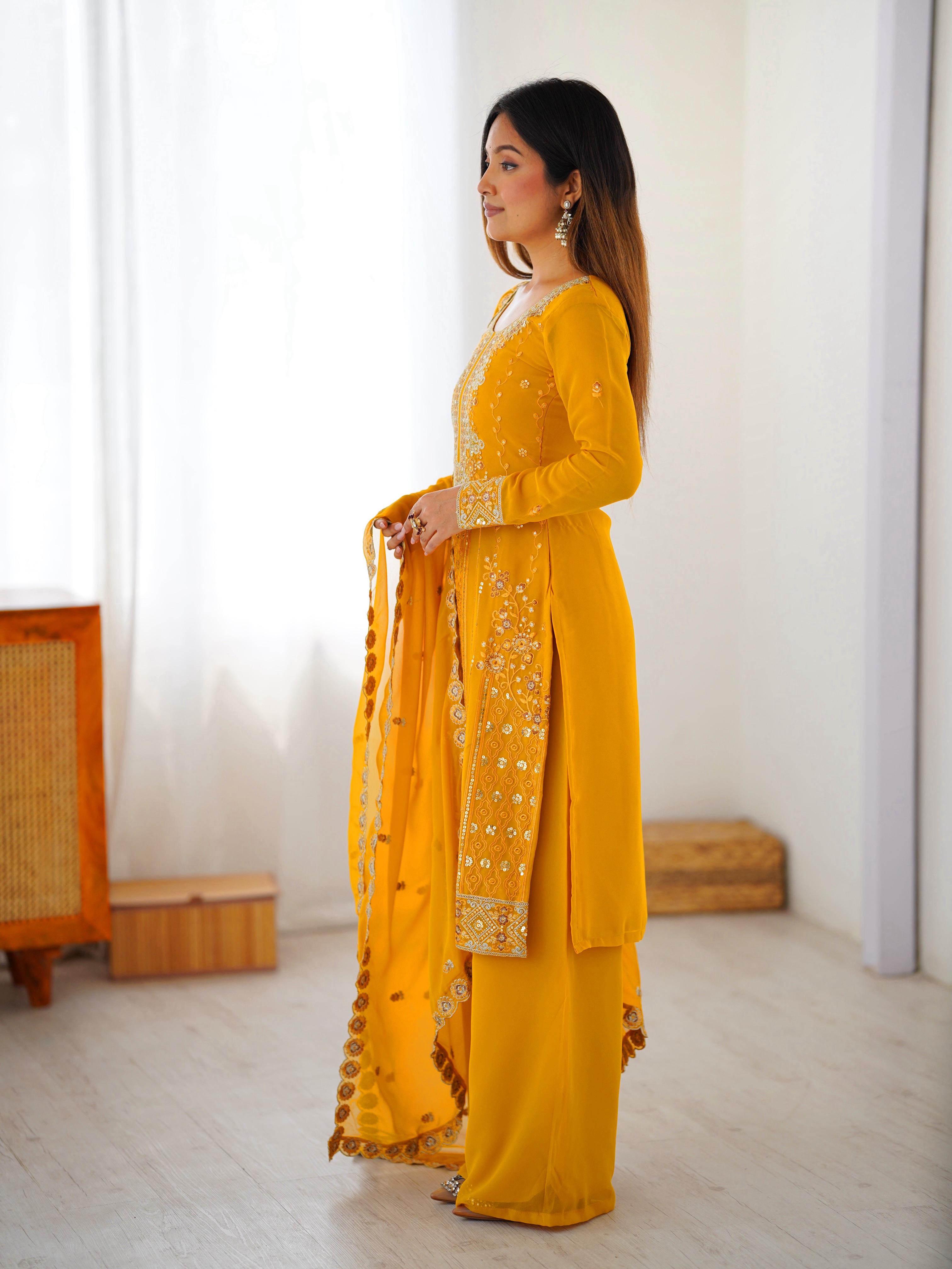 Mustard Yellow Faux Georgette Embroidered Palazzo Suit Set